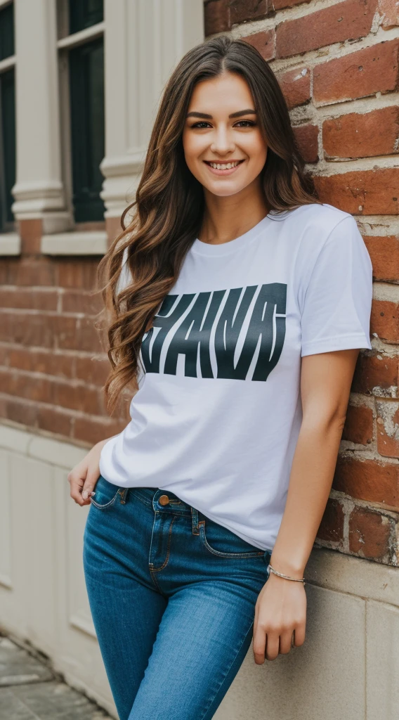 arafed woman with long hair smiling and leaning against a wall, beautiful, charming smile, entire body visible, full body, hyperrealistic, real human skin, best quality, 8K, masterpiece, extremely intricate, detailed eyes, detailed face, detailed body, exaggerated features, pronounced features, fujifilm, wearing a long sleeved tshirt and jeans with sneakers