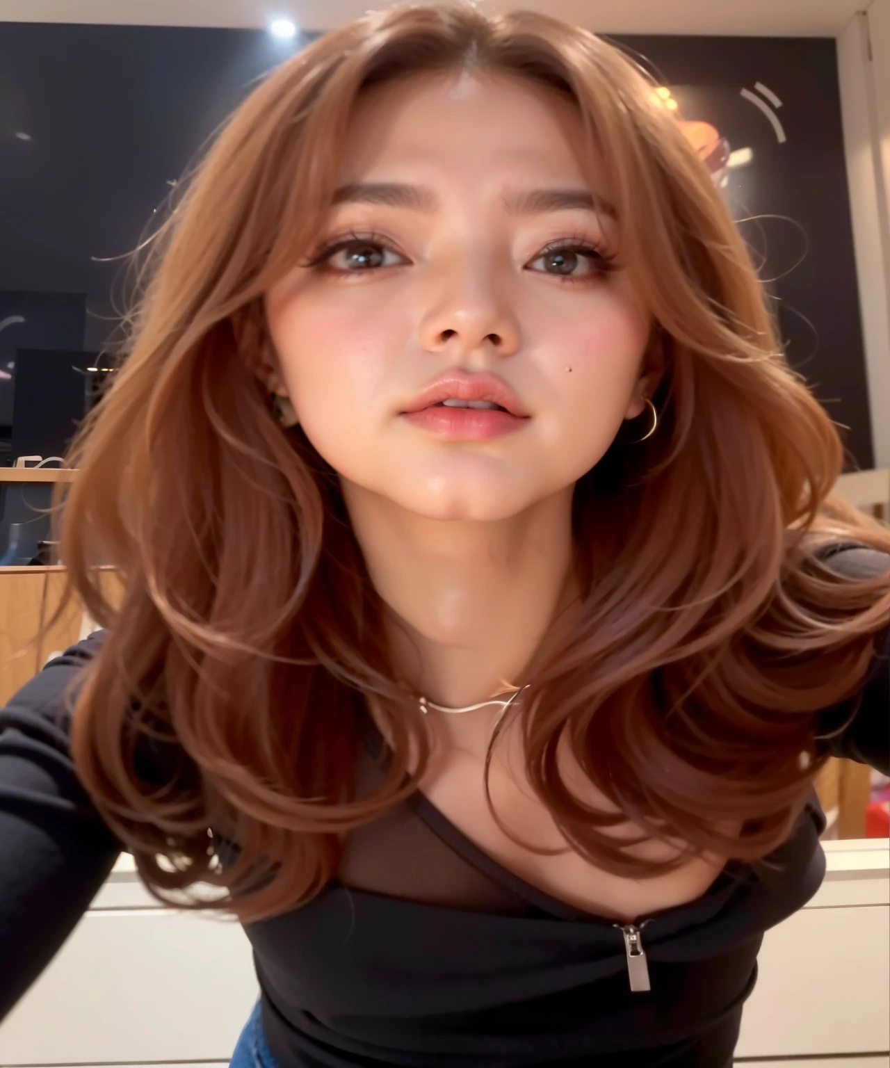 um close de uma mulher com longos cabelos ruivos vestindo uma blusa preta, Lalisa Manobal, Heonhwa Choe, jennie blackpink, Dom Yunjoo, Lalisa Manoban do Blackpink, tzuyu de duas vezes, Parque Ji-min, Parque Roseanne do Blackpink, Jaeyeon Nam, com franja, Ela tem longos cabelos castanhos alaranjados