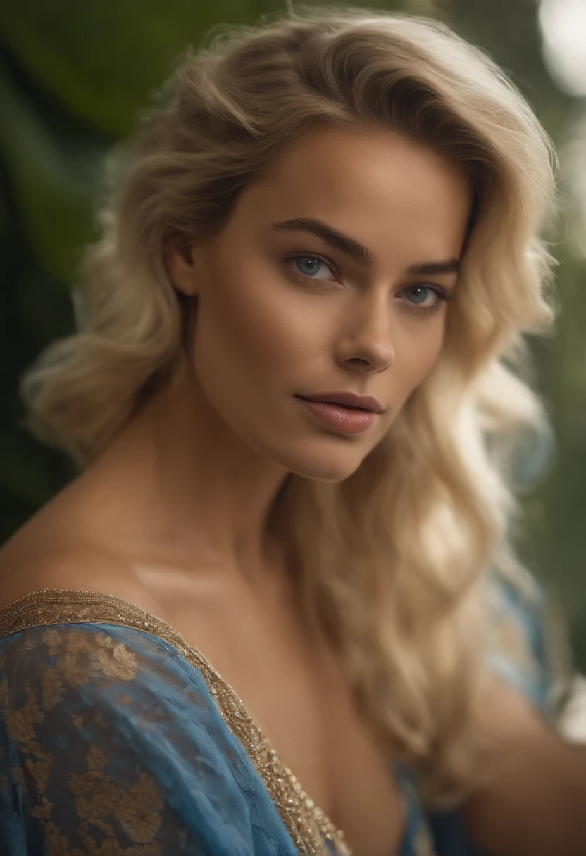 Femme Arafed complètement , aux yeux bleus, ultra réaliste, Méticuleusement détaillé, Portrait margot robbie , cheveux blonds  Selfie d’une jeune femme, maquillage naturel, 8K UHD ,Regarder directement la caméra, Visage avec Artgram, Maquillage subtil, Superbe photo du corps entier agenouillée sur le lit, dans la chambre, Buste de taille moyenne à grande race mixte