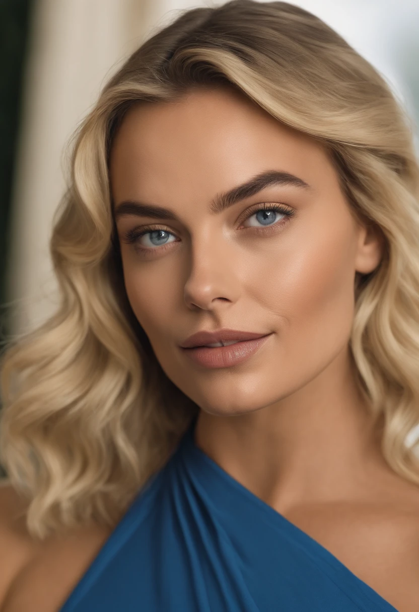 Femme Arafed complètement , aux yeux bleus, ultra réaliste, Méticuleusement détaillé, Portrait margot robbie , cheveux blonds  Selfie d’une jeune femme, maquillage naturel, 8K UHD ,Regarder directement la caméra, Visage avec Artgram, Maquillage subtil, Superbe photo du corps entier agenouillée sur le lit, dans la chambre, Buste de taille moyenne à grande race mixte