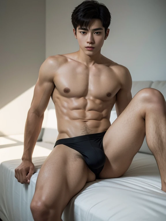 full body from head to toe, (masterpiece:1.2),18-year-old boy, Asian, Korea, naked, erection, abs, sitting on a black sofa, spread legs, looking at me, ultra-detailed, realistic, portraits, vibrant colors, studio lighting
