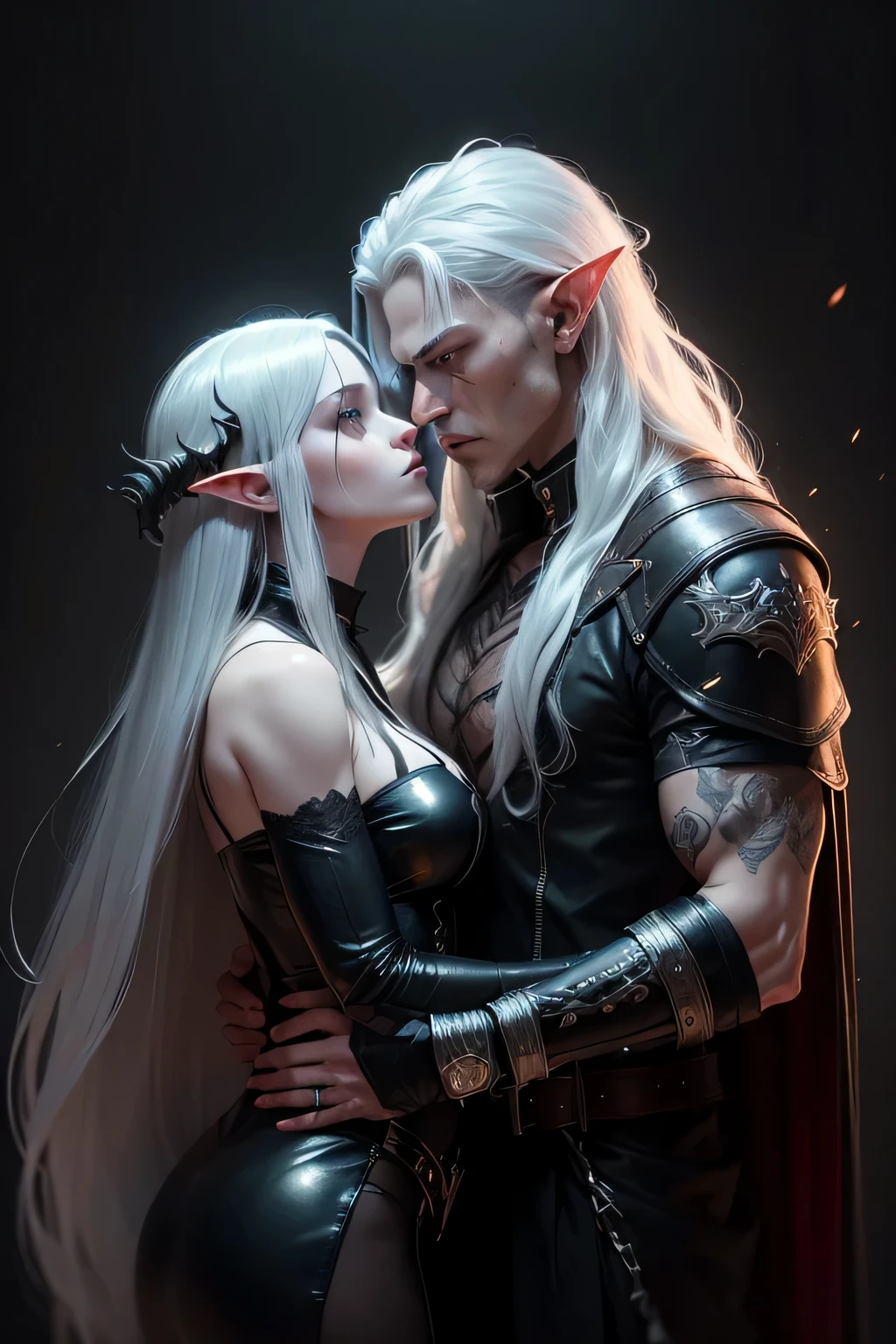 Two characters. Handsome male demon with long silver hair, black eyes in demon slayer art, portrait demon half human, dressed like a sorcerer's Доспехи, kisses an elf girl with long silver hair, dressed in a leather robber suit. dark fantasy mixed with realism, dark and horror style, dark gloomy background Detailed horror graphics 4K, eerie and grim art style, dark concept art, highly detailed exquisite fanart, fantasy concept art