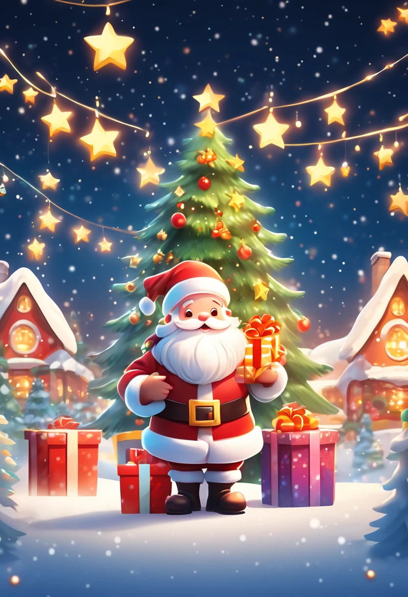 3 Rendering, christmas eve scene, There is a big Christmas tree in the middle of the poster, Decorate with colorful lights, star curtain in sky, and gift box on the snow. Cute and kind Santa Claus holding gifts, warm background and bright night