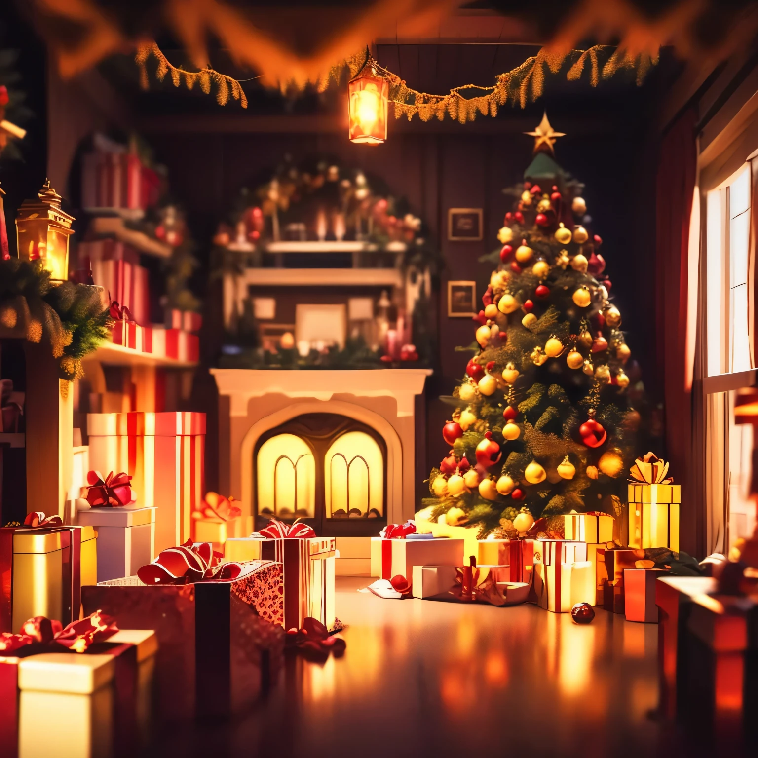 liveroom，christmas，Christmas tree，gifts，Lantern Christmas decoration，（（（Isometric architecture））），3D，Unreal 5 renderer，ultra - detailed，ultra - detailed，high high quality，8K ，oc rendered，dynamic viewing angle