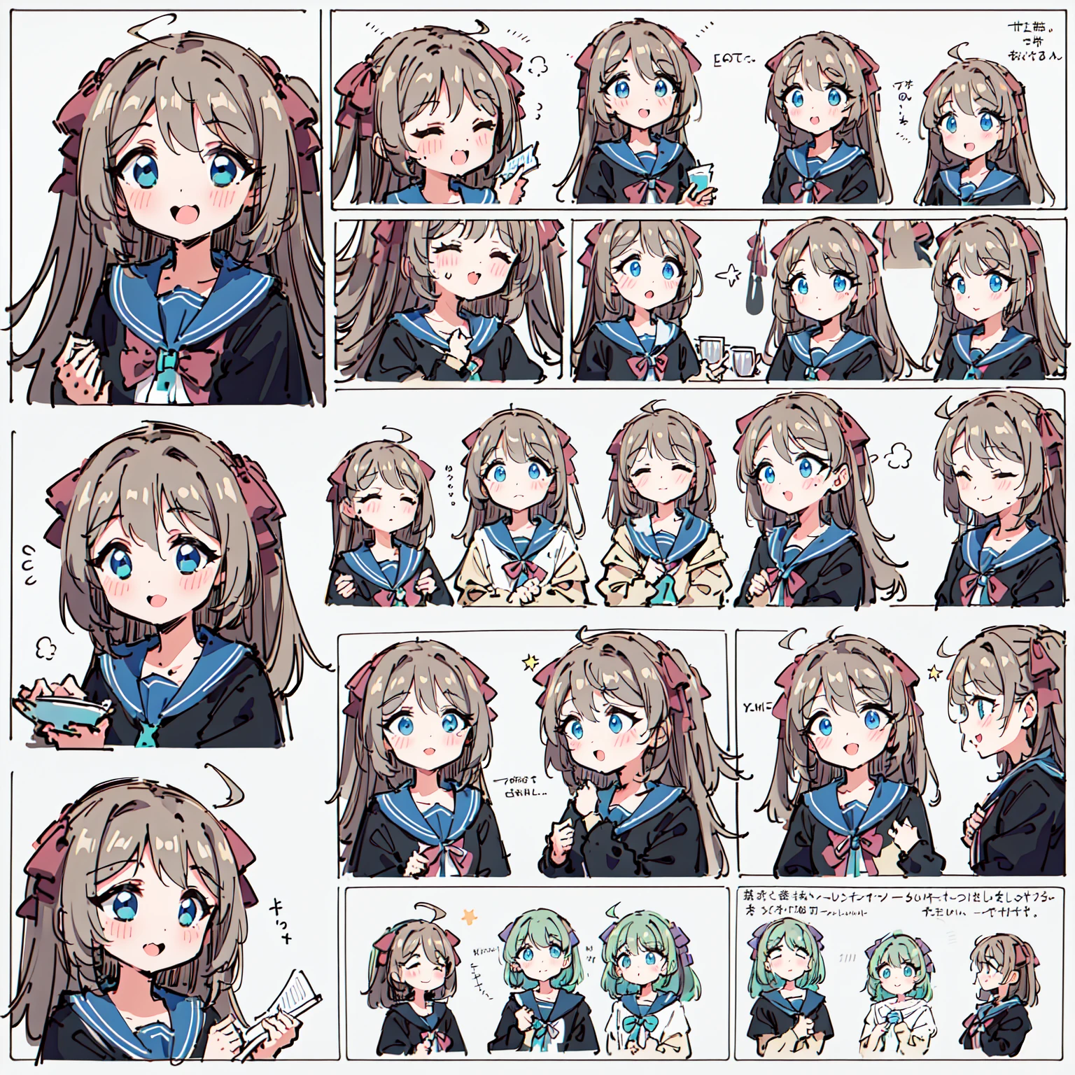 a cute monkey, all
kinds of expressions, happpy, sad, angry, expectant
laughter, disappointed1, cute eyes, white
background, illustration-nii 5-style cute, emoji
as illustration set, with boold manga line style,
dynamic pose dark white,, f/64 group, related
characters, Old Meme Kernel