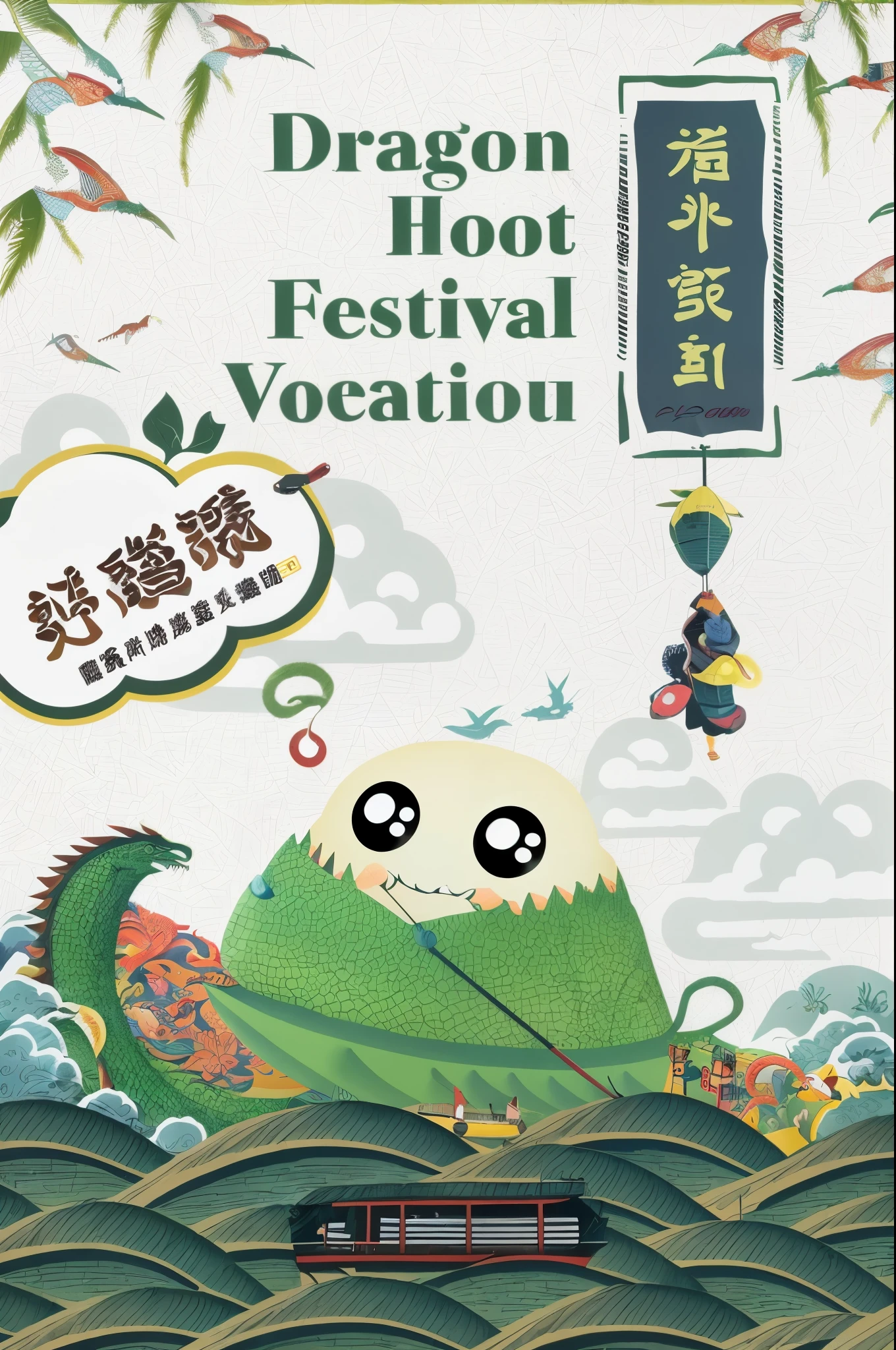 (a close-up,highres,realistic) cartoon character floating in a boat, Dragon Boat Festival, (illustrated, vibrant) poster illustration, (yellow, vivid) dragon head, festival, (vibrant, colorful) poster design, Wang Chen, vibrant tourism poster, festival, boat, dragon boat, zongzi, holiday, 2059