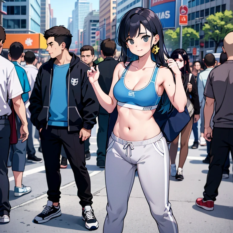 Sexy woman, blue sports bra, grey sweatpants, pants falling down, showing panties, sneakers, outside, full body, crowded city, crowd in background, embarassed, shy, sexy, standing