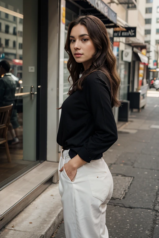 Brunette woman straight hair with waves dressed in red blouse and wide black pants, caminando por Copacabana