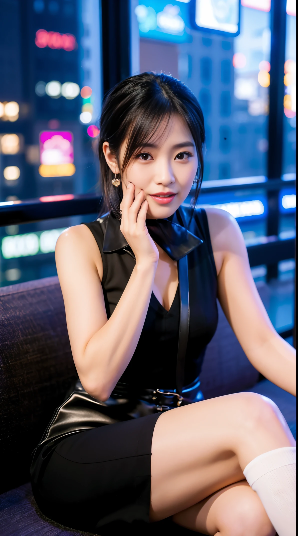 (8K, Best quality at best, tmasterpiece:1.2), (actual, photo-actual:1.37), ultra - detailed,
《Final Fantasy 7 Remake》Detailed portrait of Tifa Lockhart sitting on a date in a sophisticated cafe in a cityscape, 看起来very lascivious可爱,very lascivious,Have beautifully detailed eye and nose blush. 她只戴一个elbow pads, ankle boots, a black skirt, black Raise your legs, and red boots, along with elbow gloves, elbow pads, and fingerless gloves. Her outfit includes sports, Slip dress, Raise your legs, and white vests. Her whole body is clearly visible,Rest your head on your hand, show her beautiful face, Low hair tied long, and lips. Professional lighting is used on site, フォトンマッピング, and radiosity, Tetsuya Nomura style and cyber futurism. Background with flowers and bokeh effect. Tifa smiles,Keep your mouth shut.