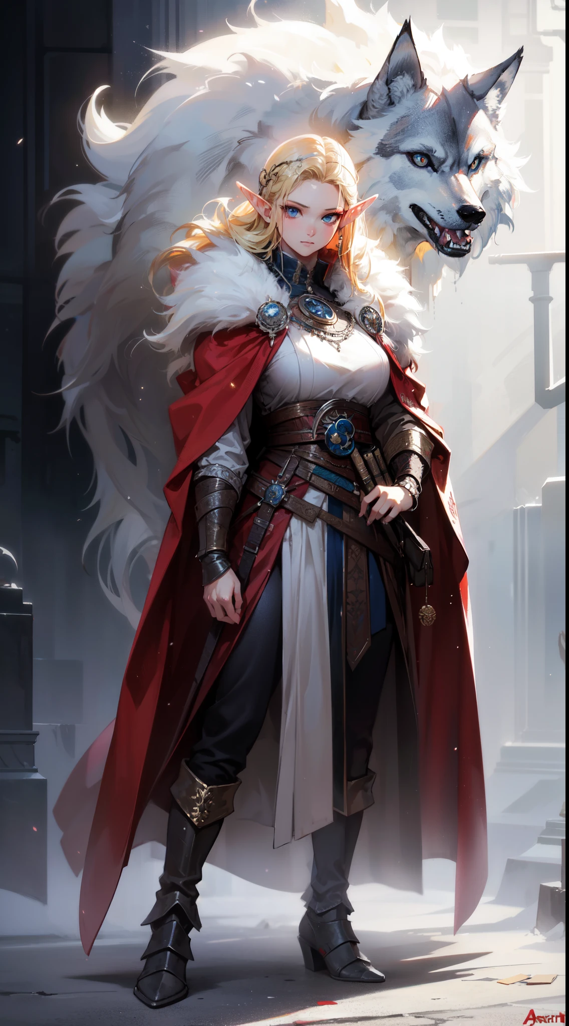 ((masterpiece, best quality)), viking elf girl, fantasy, Standing with wolf, aaa art, design by aykut aydogdu, whistlerian, high resolution, john larriva, mottled, concept art, painting, sparth. BREAK, (elf:1.2), 1girl, solo, Norse viking, (Blonde Hair:1.15), Blunt bangs, (hair between eye), Blue Eyes, (beautiful detailed face:1.2),art style by Artgerm, by Wadim kashin, by Kawacy, BREAK, (1animal), ((wolf)), fluffy, big, White fur, BREAK, ((norse warrior woman)),fluffy cloak, big breast, long black glovelack pantyhoses with white boots, BREAK, eyelashes, eyeshadow, pink eyeshadow, BREAK, extremely detailed, dynamic angle, cowboyshot, the most beautiful form of chaos, elegant, a brutalist designed,