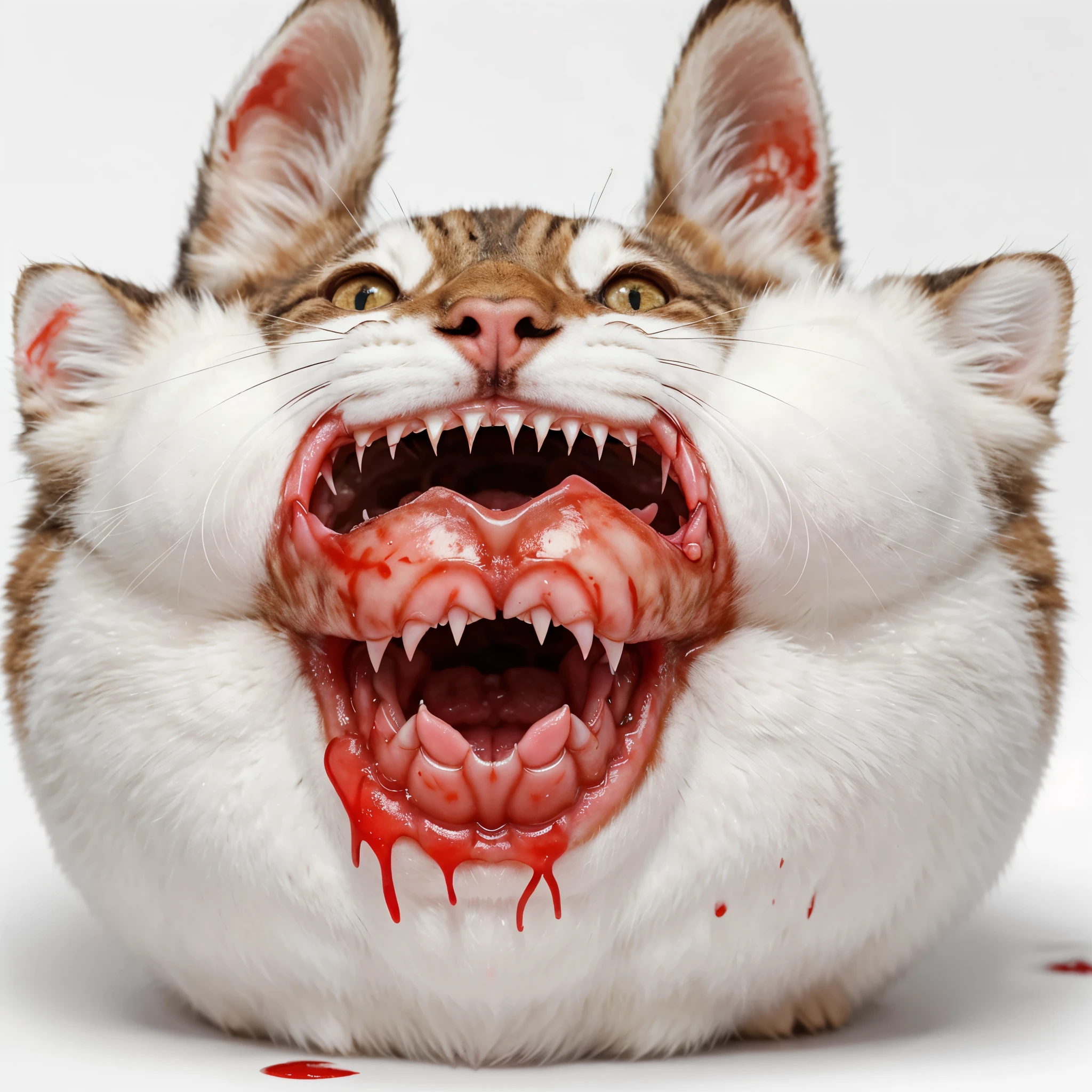cat, cute kitty, ,(Masterpiece:1.2, High quality), No Man, cat, :3, Animal, view the viewer, Open mouth, with a pure white background, Smile,Pisif,Dumb cute, (((GORE))), ((blood)), ((sharp teeth)), ((visible bones)), ((visible guts))