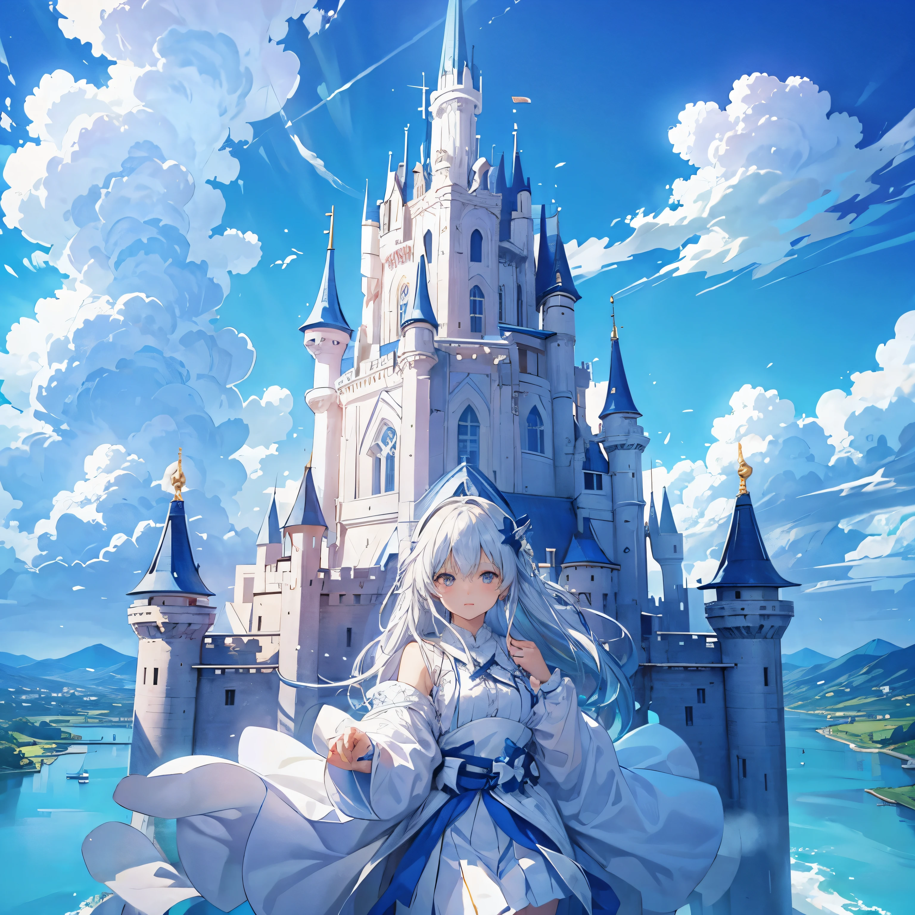 Sky City、Clear blue sky、white clouds and castle floating in the sky、