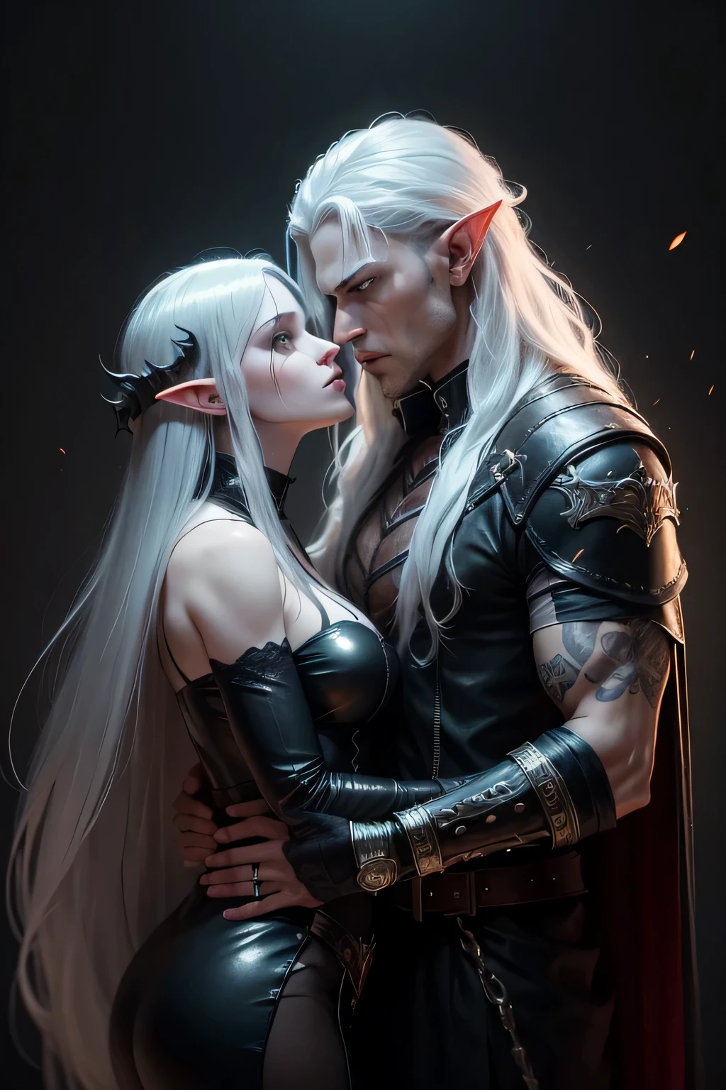 Two characters. Handsome male demon with long silver hair, black eyes in demon slayer art, portrait demon half human, dressed like a sorcerer's Доспехи, kisses an elf girl with long silver hair, dressed in a leather robber suit. dark fantasy mixed with realism, dark and horror style, dark gloomy background Detailed horror graphics 4K, Detailed, highly Detailed faces. eerie and grim art style., dark concept art, highly Detailed exquisite fanart, fantasy concept art