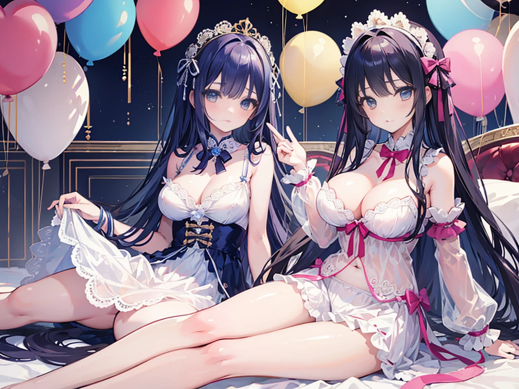 high quality, masterpiece, ultra-detailed, 2 loli girls, peaceful expression, beautiful and cute, shiny skin, long hair, enchanting eyes, sitting on bed, yuri, many balloons, large amount of balloons, ridiculously large breasts, lingerie, frills, bows