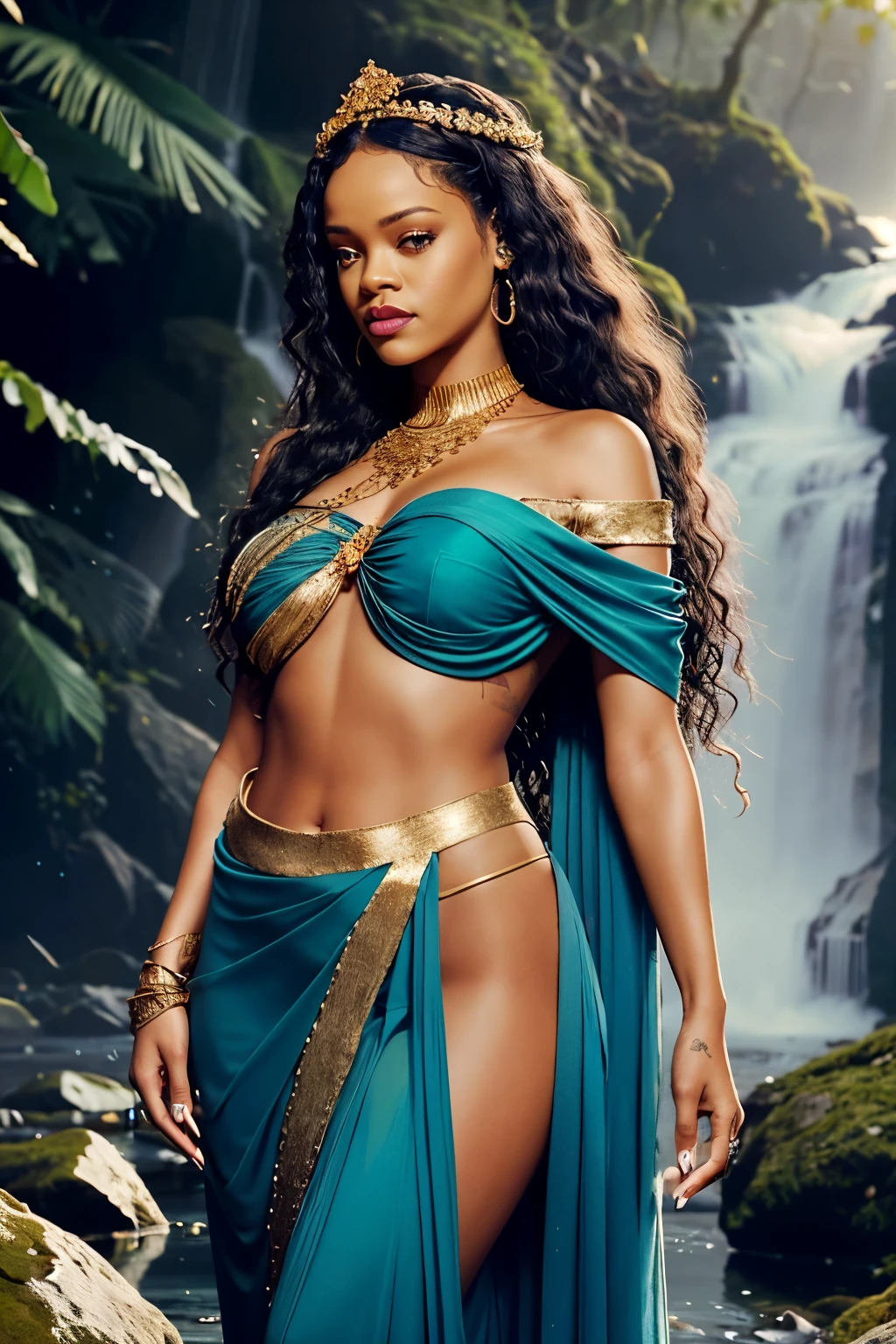 Rihanna, transformed into an ethereal and alluring ancient goddess, gazing serenely at the viewer. Her ebony skin is adorned with intricate gold leaf paintings, depicting scenes of nature's beauty and her divine power. Her long, wavy hair flows freely down her back, cascading over one shoulder in a waterfall of midnight curls. She wears a crown of twisting vines and blooming flowers, which seem to grow organically from her head, emphasizing her connection to the earth and its cycle of life and death. Her eyes are a striking shade of emerald green, piercing through the viewer and emanating wisdom and calm. Her features are delicately sculpted, with high cheekbones, a subtle underbite, and full, luscious lips. She is dressed in a flowing, diaphanous gown of midnight blue, adorned with silver and gold threadwork, which billows around her in an ethereal dance as she sways ever so slightly. The fabric drapes over one shoulder, revealing a hint of her toned midsection and leaving her other arm bare, as if inviting the viewer to feel the warmth and vitality that emanates from her divine presence. Surrounded by a haze of golden light, Rihanna as the ancient goddess stands as a testament to the enduring power of feminine strength, resilience, and grace.