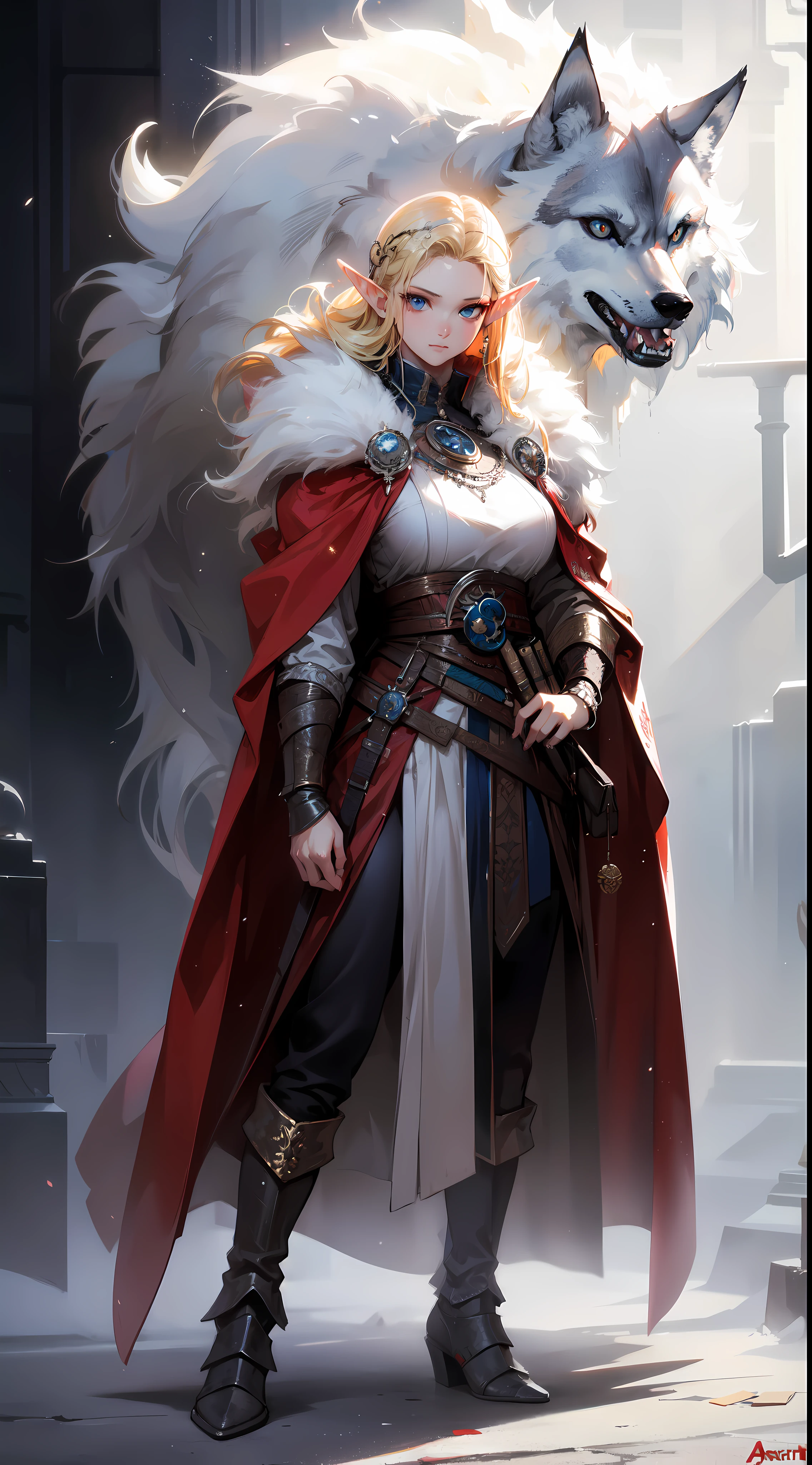 ((masterpiece, best quality)), viking elf girl, fantasy, Standing with wolf, aaa art, design by aykut aydogdu, whistlerian, high resolution, john larriva, mottled, concept art, painting, sparth. BREAK, (elf:1.2), 1girl, solo, Norse viking, (Blonde Hair:1.15), Blunt bangs, (hair between eye), Blue Eyes, (beautiful detailed face:1.2)，art style by Artgerm, by Wadim kashin, by Kawacy, BREAK, (1animal), ((wolf)),  fluffy, big, White fur, BREAK, ((norse warrior woman))，fluffy cloak,  big breast, long black glovelack pantyhoses with white boots, BREAK, eyelashes, eyeshadow, pink eyeshadow, BREAK, extremely detailed, dynamic angle, cowboyshot, the most beautiful form of chaos, elegant, a brutalist designed,