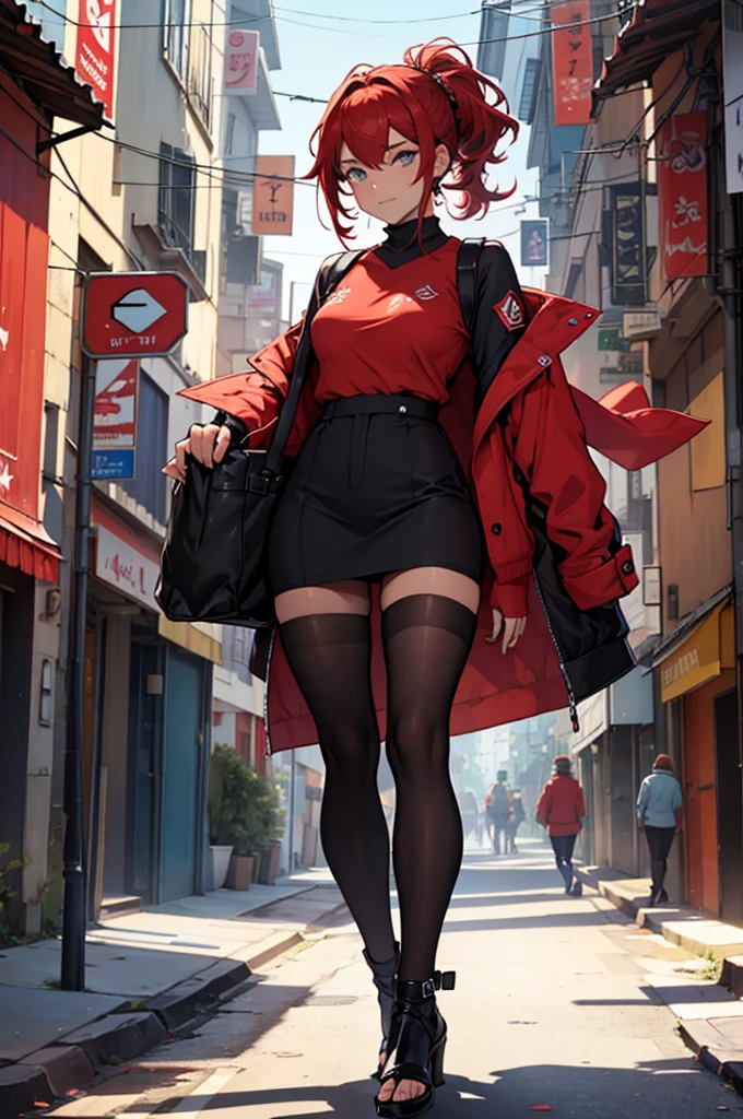 linda ruiva com maio vermelho, long black tights,com salto alto vermelho, olhar sexy,belos olhos, em pe olhando para frente,olhar serio pose sexy,cidade a noite com neom