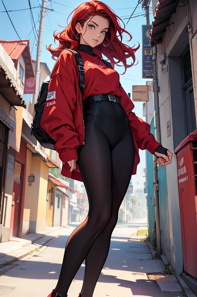 linda ruiva com maio vermelho, long black tights,com salto alto vermelho, olhar sexy,belos olhos, em pe olhando para frente,olhar serio pose sexy,cidade a noite com neom