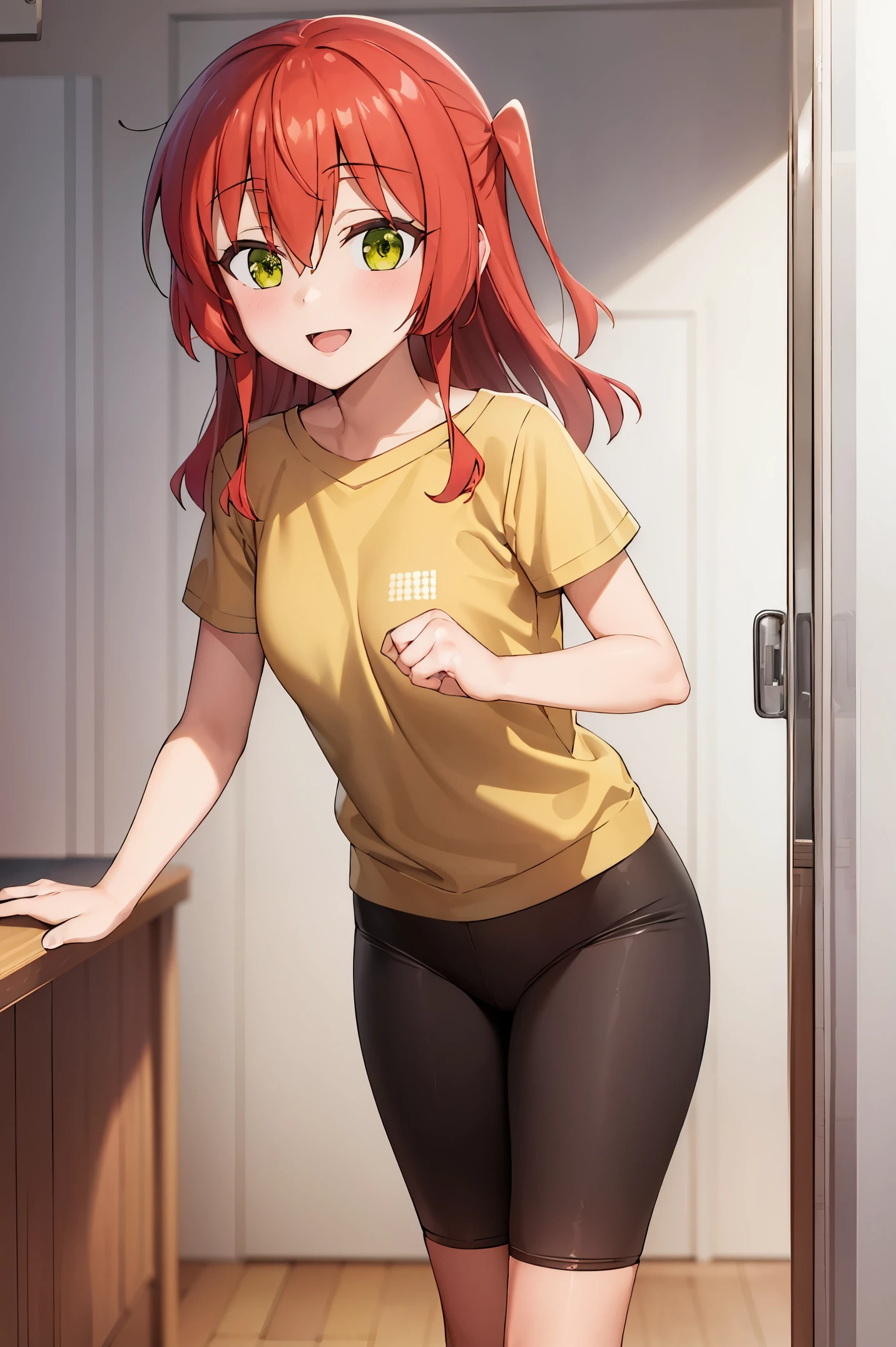 Room, 1 girl, best quality, ultra high res, long hair, red hair, green eyes, looking at viewers, small breast, standing, pov, slim body, body, small body, smile, open mouth, yellow shirt, short sleeves, bike shorts,