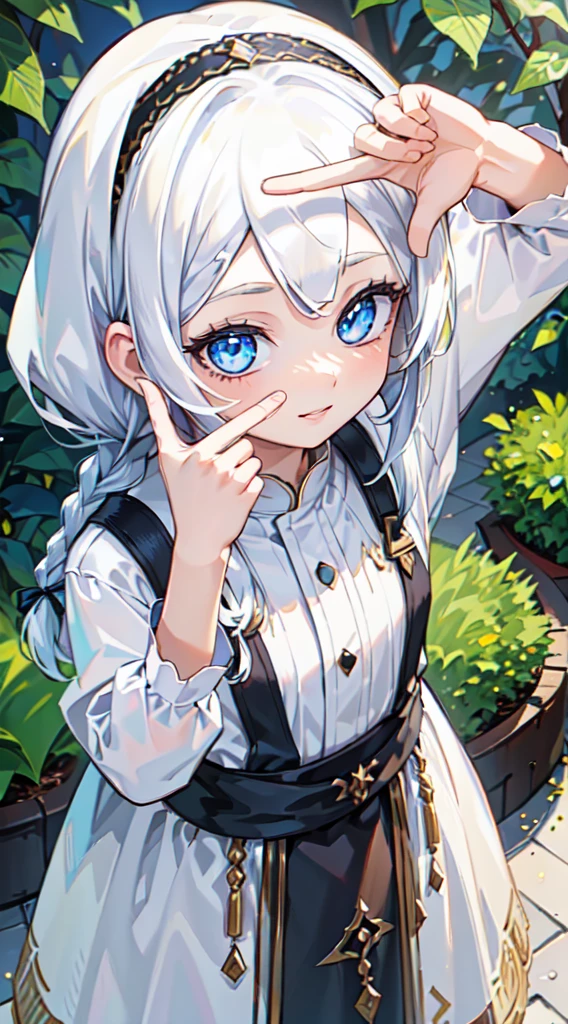 (best quality:1.3), (highres1.3), (clear1.3), (8k:1.3), masterpiece, (detailed:1.1), 1girl, beautiful detailed eyes, beautiful detailed lips, extremely detailed eyes and face, long eyelashes, white hair, braid, (short bangs:1.8), blue eyes, (thawb), smile, perfect proportion,((finger frame)), face close up,small head,