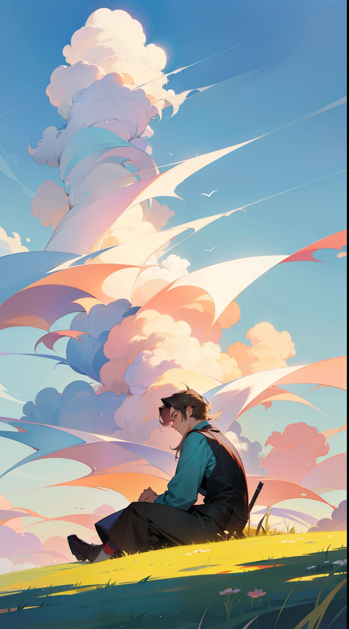A beautiful men sitting at the hill filled with beautiful grass while watching the sky, beautiful cloud