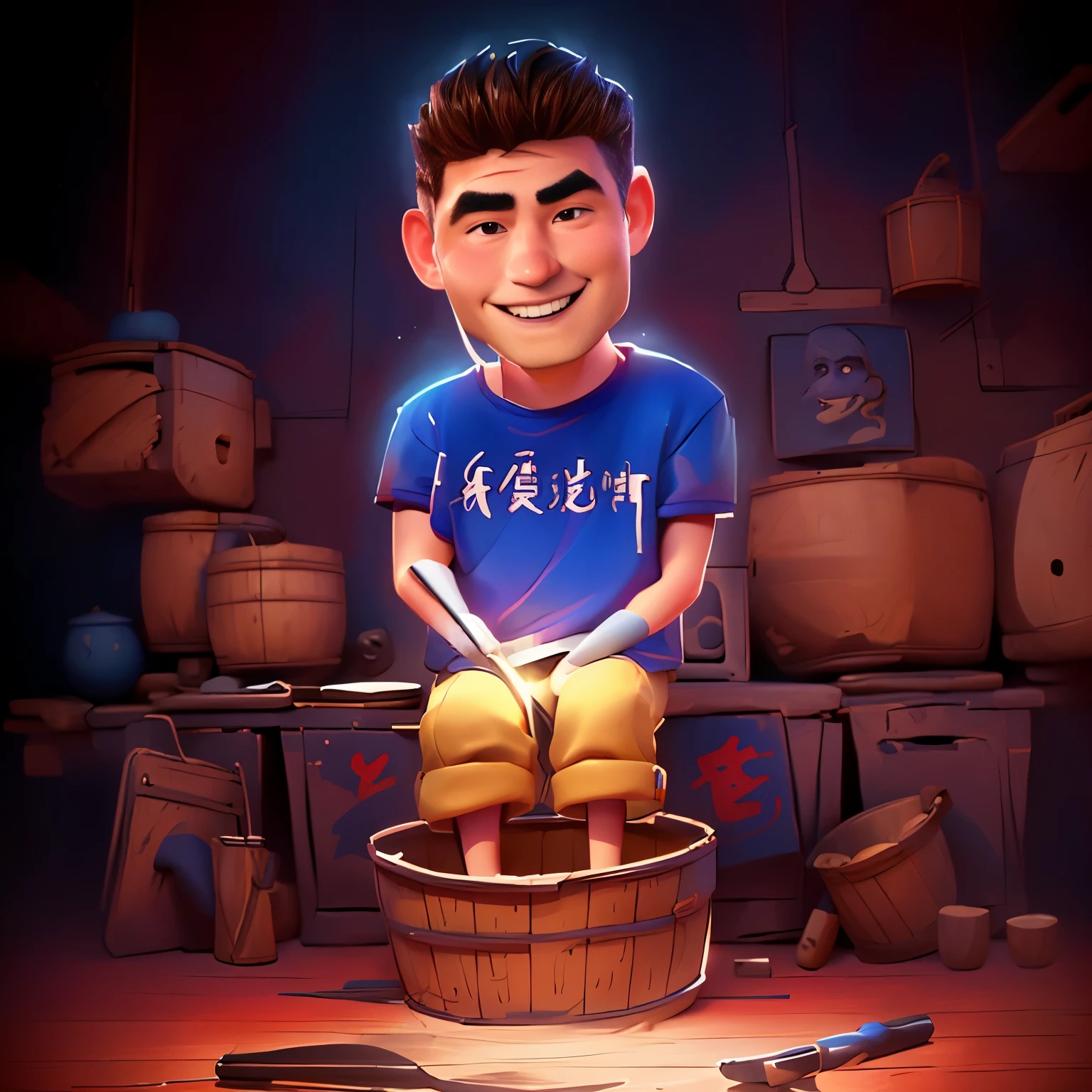 A man sitting in a bucket,Caricature with a smile on his face, Rob Ray and Kentaro Miura style, Rob Ray and Kentaro Miura style, procreate illustration, inspired by Jason Chen, digitial painting, inspired by Tooth Wu, digitial painting艺术, G Liulian art style, cyril rolando and goro fujita, by Jason Chen