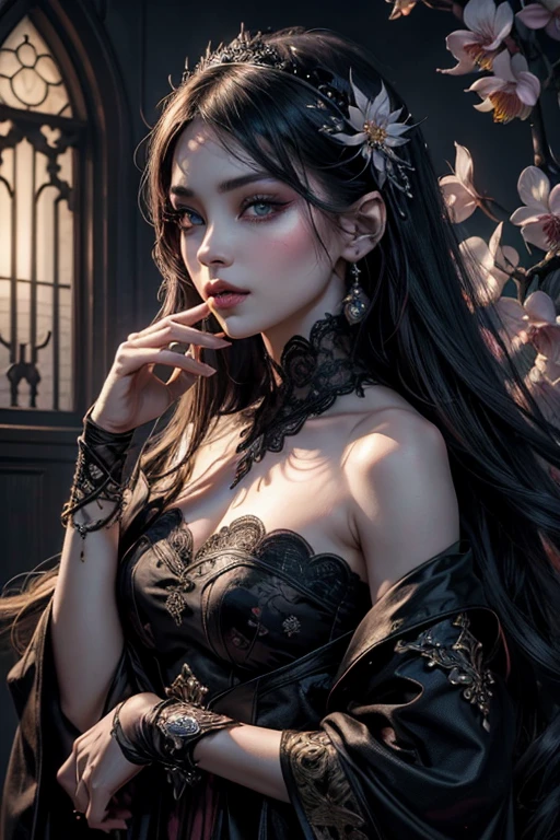 (best quality,4k,8k,highres,masterpiece:1.2),ultra-detailed,realistic,oriental gothic girl,beautiful detailed eyes,beautiful detailed lips,longeyelashes,dark makeup,pale skin,exquisite costume,elaborate jewelry,intricate lace details,mysterious expression,dramatic lighting,gloomy atmosphere,vibrant colors,orchids and cherry blossoms,powerful,fearless,dark romance,concept artists