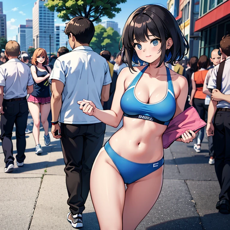 (high-res, realistic),Sexy woman, blue sports bra, pink panties, sneakers, outside, in a crowded city, full body, with a crowd in the background. The woman is standing and appears embarrassed and shy. The artwork should capture the sexy and alluring essence of the woman while maintaining a sense of realism. The lighting should be natural, with sunlight casting soft shadows on her body. The colors should be vibrant and vivid, emphasizing the contrast between her blue sports bra and grey sweatpants. The crowd in the background should be represented with enough detail to convey a busy and bustling city atmosphere.