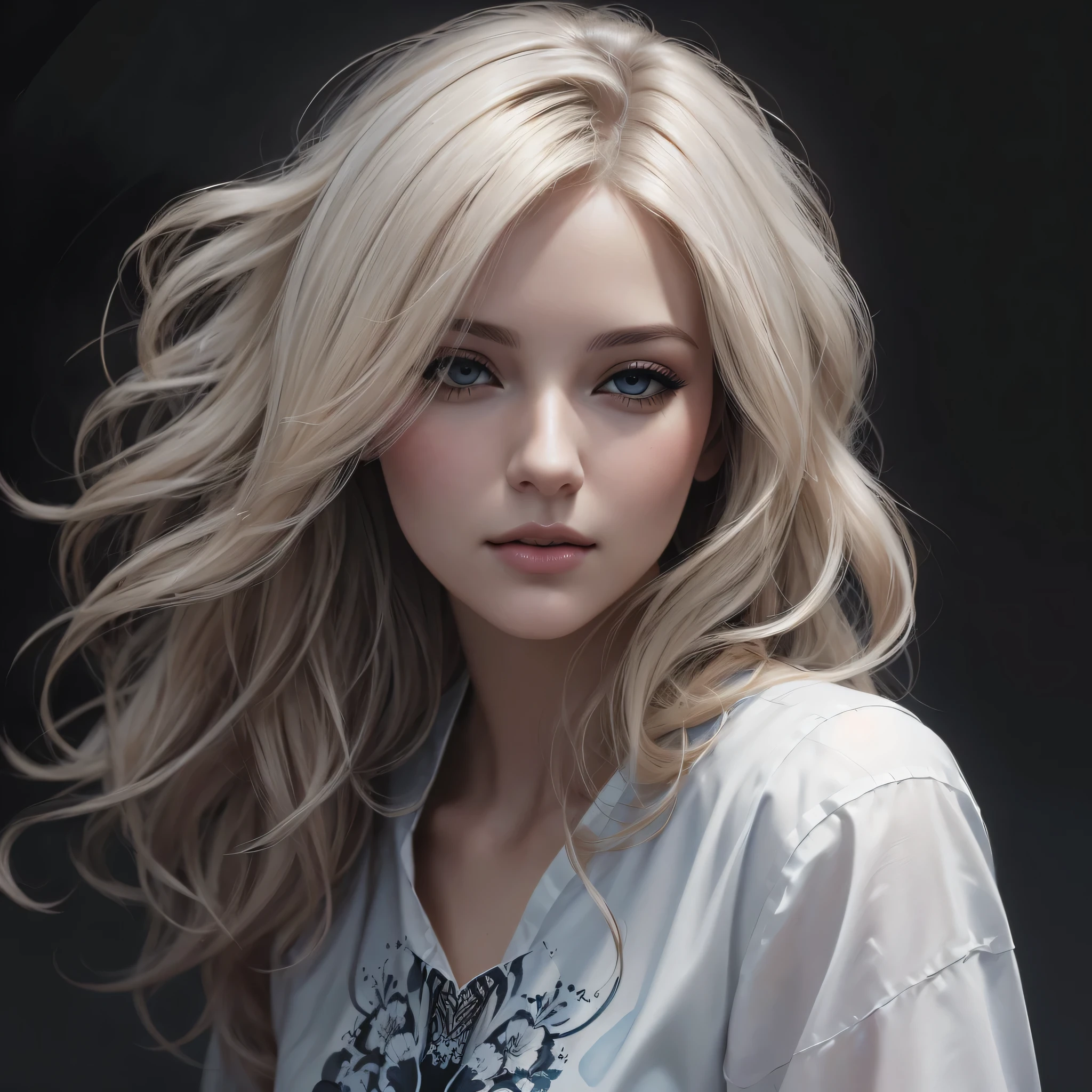 un gros plan d&#39;une femme aux longs cheveux blonds et une chemise blanche, Portrait d’Artgerm, Magnifique peinture numérique, Style de Charlie Bowater, Portrait fantaisie mat détaillé, Portrait d’art de personnage, Charlie Bowater Character Art, peinture au crayon numérique, Dessiné dans le style d’Artgerm, Belle peinture numérique, Style artistique Charlie Bowater, Dessin numérique réaliste