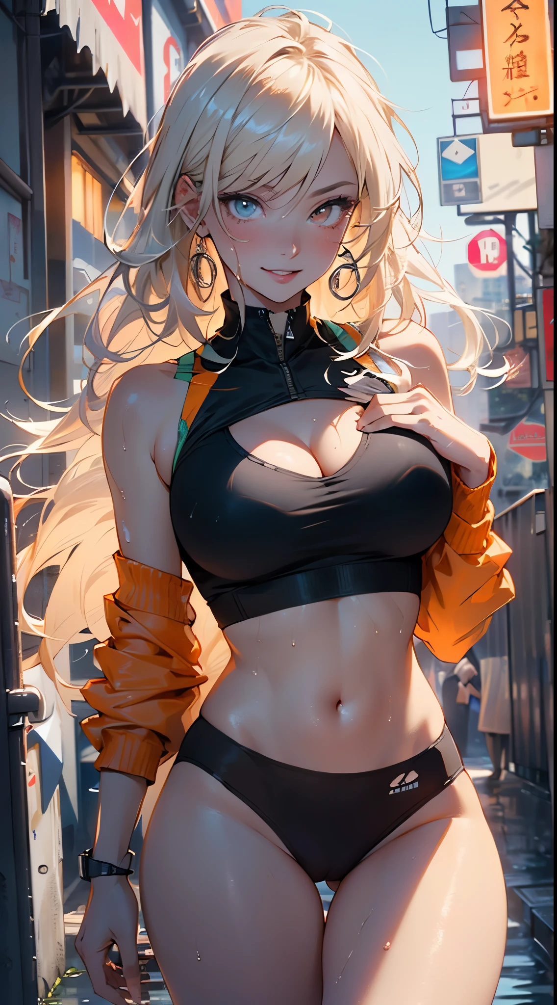 girl sporty,((attractive girl)),

(large breasts:1.4),saggy breasts,(((absurdly long unkept hair,blonde hair,very long hair,voluminous hair,Thick hair,Dense hair,long hair,colored inner hair))),((heterochromia:1.5, (orange_eye and blue_eye))),intricate eyes,beautiful detailed eyes,symmetrical eyes,((fat))(((lustrous skin:1.5,bright skin: 1.5,skin tanned,shiny skin,very shiny skin,shiny body,plastic glitter skin,exaggerated shiny skin,illuminated skin, wet legs))),(spider lower abdomen,narrow waist,wide hip,athletic body,inflated legs, thick thighs,detailed body,(detailed face)),

cute,slutty,seductive,erotic,(((nsfw))),

((tight sports bra, tight sports panties, (orange and black clothes))),(((cleavage))),((wet clothes,intricate outfit,intricate clothes)),

(dynamic pose:1.0),coquette,smiling,(centered,scale to fit dimensions,Rule of thirds),

cyberpunk city by the ocean at night, with bright neon signs and dark stormy clouds and puddles, scenery:1.25,nighttime, starry night, cosmos,Very dark night that makes the neon lights stand out, very bright neon lights,

artistic photography,(photography taken by sldr),highres, sharp focus,(ultra detailed, extremely detailed), (photorealistic artwork:1.37),(extremely detailed CG unity 8k wallpaper),((synthwave background theme)),(((vibrant colors))),intricate,(intricate background),(masterpiece),(best quality),perfect rendered face,perfect face details,realistic face,photo realistic,analog style,((intricate detail)),(((realism))),