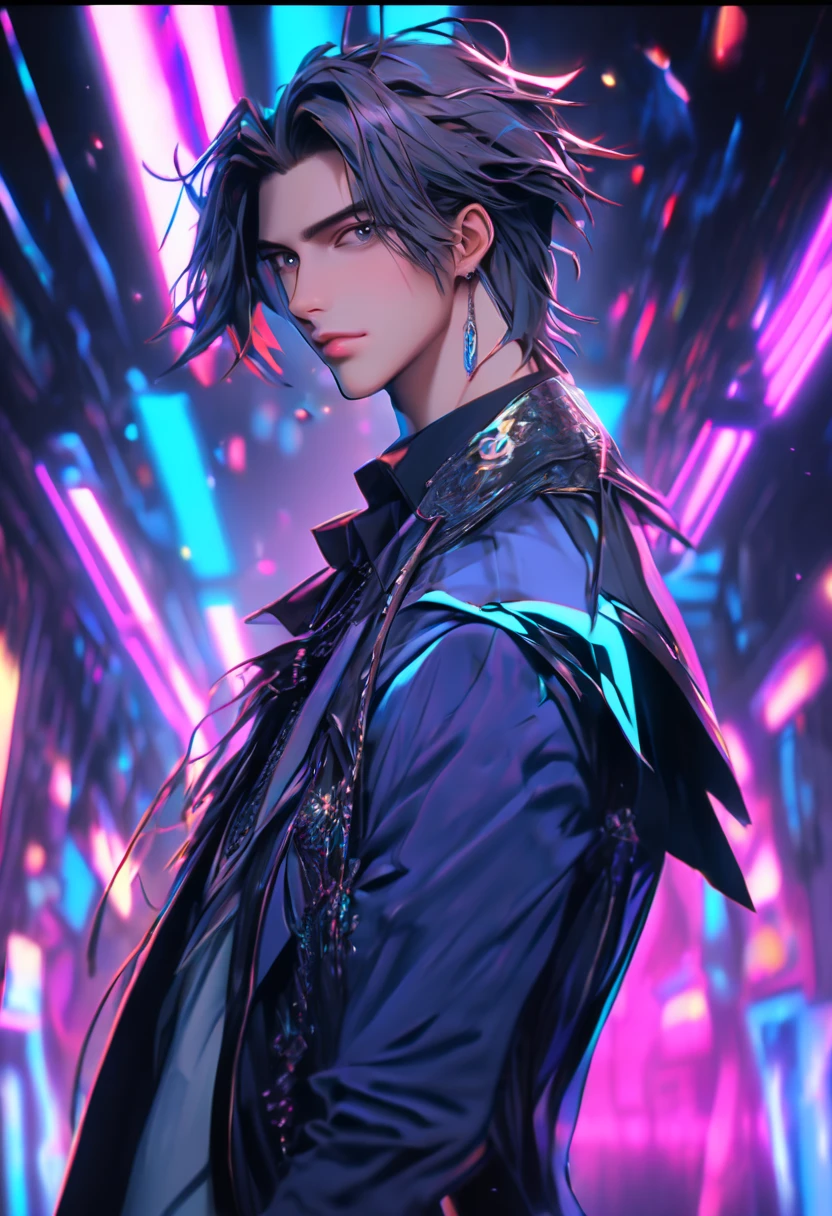 vanishing point. (((Handsome young man))), looking straight at camera, Fantasy clothing, Idol style, bts style, Young face, face of a man about , (((hairlong))), photo realism, neon lighting, there is a place for an inscription, ((Smooth face))