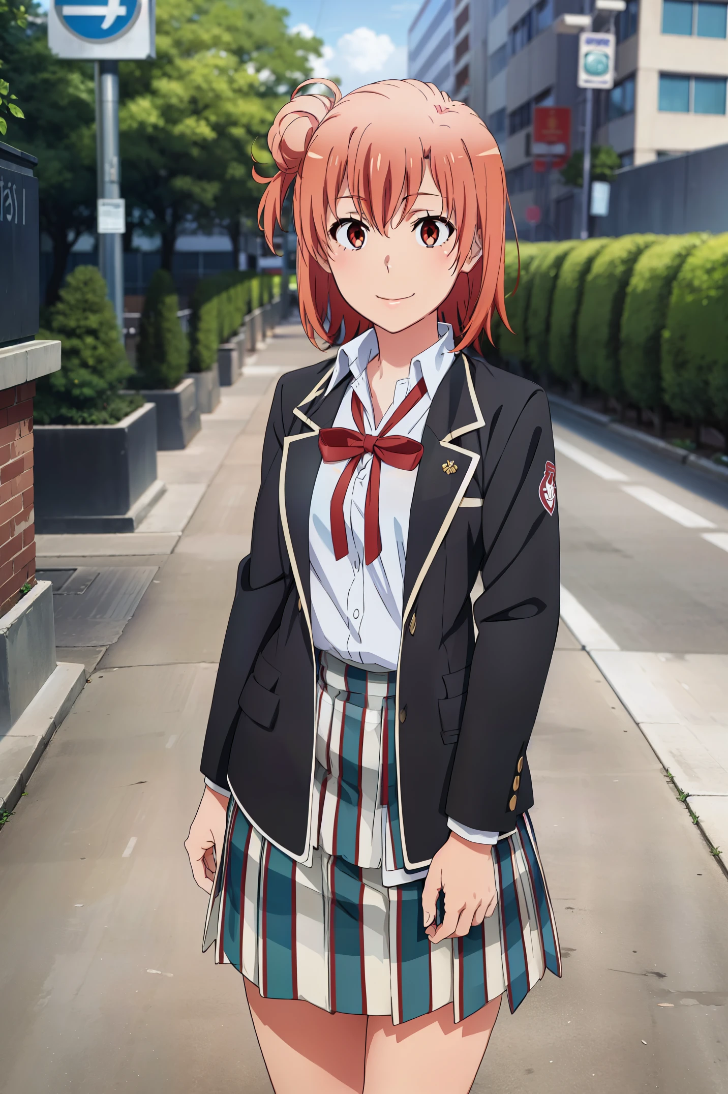 Best quality, masterpiece, highres, 1girl, Yuigahama yui, school uniform, Plaited skirt, short hair, red ribbon, white shirt, black jacket, big boobs, Standing, smile, school background