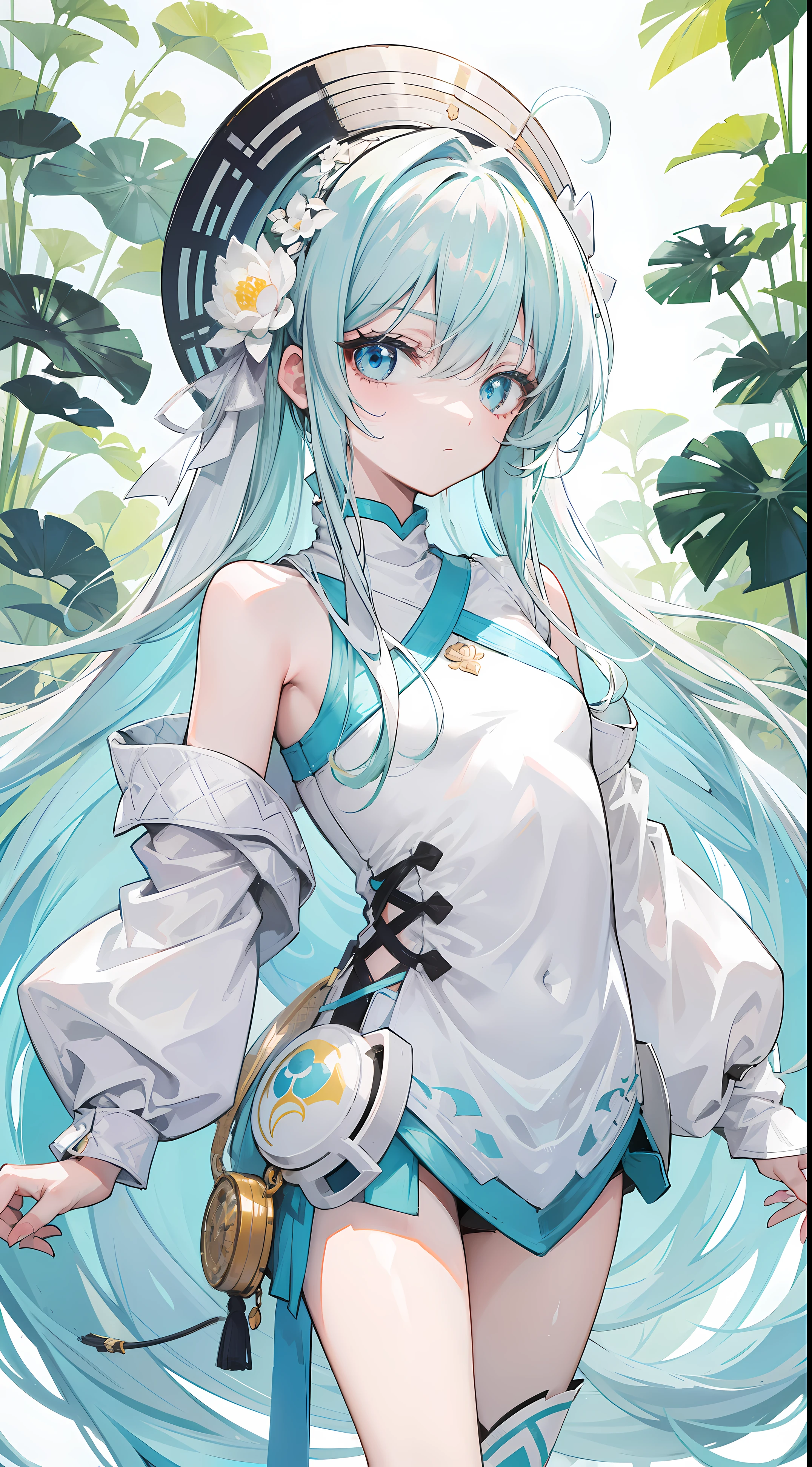 Light pink green long hair,Light blue eyeband and white lotus turtleneck,Black and white clothes,Cool and cute