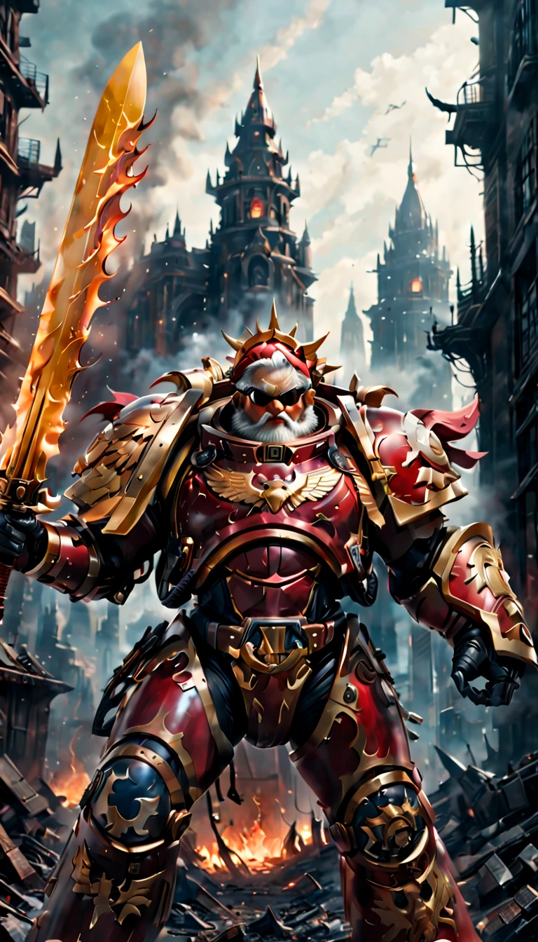 Warhammer 40K universe，Knight armor santa claus，Mechanical suit of red and gold armor，Santa hat，sparkly red color sunglasses，Intense war-like environment，holding a flaming sword，Destroyed buildings and flames，The background is a futuristic cityscape，severe and threatening atmosphere，Sci-fi cyberpunk aesthetics，High contrast and desaturated tones，Dramatic and dynamic lighting effec quality,4k,(highres,masterpiece:1.2),ultra-detailed,(realistic,photorealistic,photo-realistic:1.37)