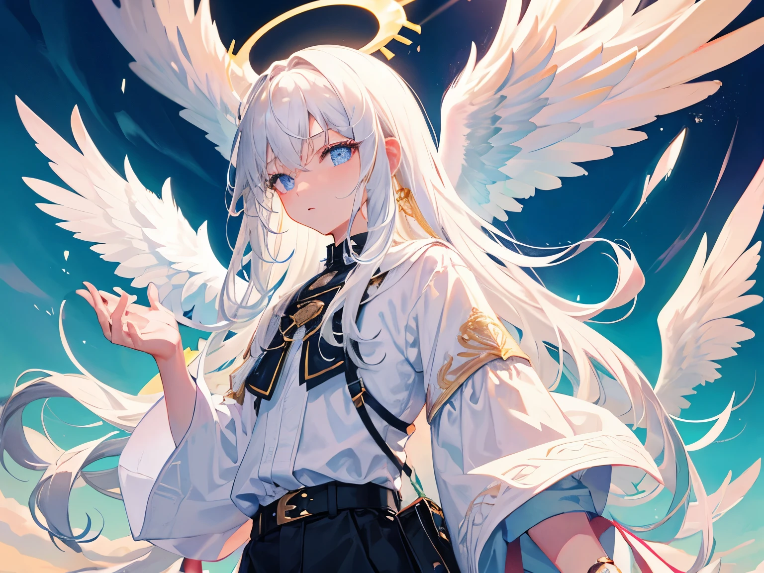 1人Male child, hair floating, (White hair、Long hair), Light blue eyes, Looking down at the camera, Full body, splashart, (There are 6 white wings), angel atmosphere, Male child, Noble attire、White short pants、Intimidating, Detailed body, Detailed face, detailed hairs、high-detail、Best Quality、masuter piece、Top image quality、ultra-detailliert、high-detail、hight resolution、Keep your mouth shut、Detailed face、Detailed eyes