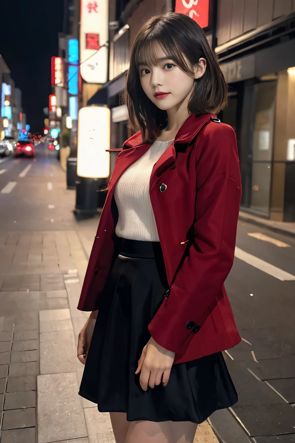 (((Night city,long  skirt,Red coat,Little big,))),((japanes,femele,cute little)),(clean,short-hair),(top-quality,​masterpiece:1.3,超A high resolution),(ultra-detailliert,Caustics),(Photorealsitic:1.4,RAW shooting,)Ultra-realistic capture,A highly detailed,High resolution 16K resolution