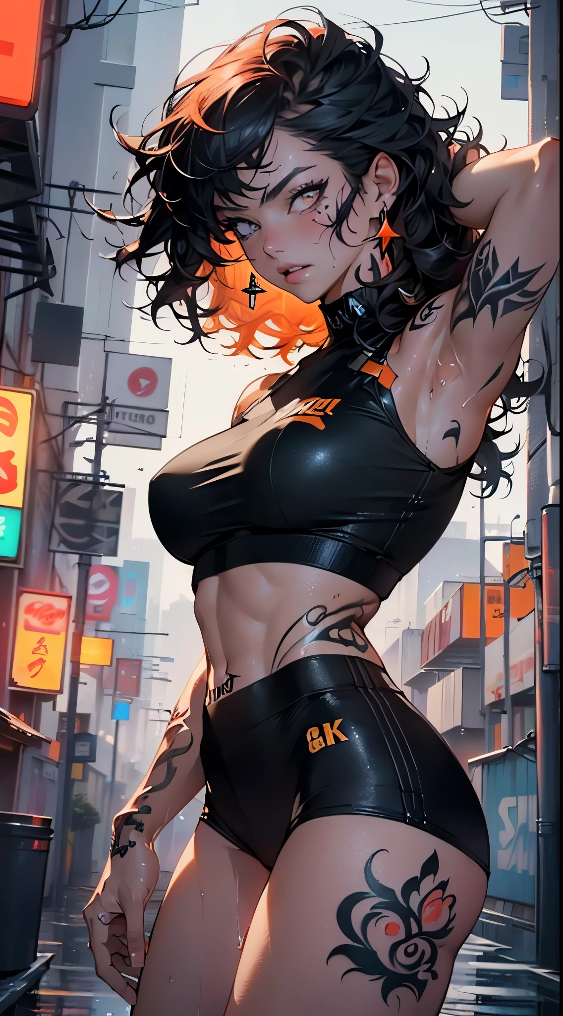 girl sporty,((attractive and muscular girl)),(tomboy),
(large breasts:1.4),saggy breasts,(((black hair:1.35,curly hair, disheveled hair:1.3,very long hair:1.4,colored inner hair,ear breathing))),((heterochromia:1.5, (orange_eye and red_eye))),intricate eyes,beautiful detailed eyes,symmetrical eyes,(((lustrous skin:1.5,bright skin: 1.5,skin tanned,shiny skin,very shiny skin,shiny body,plastic glitter skin,exaggerated shiny skin,illuminated skin, wet legs))),(spider lower abdomen,narrow waist,wide hip,athletic body,inflated legs, thick thighs,detailed body),(((muscle legs,muscular thighs,muscular girl,strong and muscular,bodybuilder,strong body,muscular,feminine and muscular,ABS))),(detailed face),(((tattoos:1.5))),
cute,slutty,seductive,erotic,(((nsfw))),
zettai ryouiki,((tight sports bra, tight sports panties, ((orange and black clothes)))),((wet clothes,intricate outfit,intricate clothes)),
(dynamic pose:1.0),annoyed,(centered,scale to fit dimensions,Rule of thirds),
cyberpunk city by the ocean at night, with bright neon signs and dark stormy clouds and puddles, scenery:1.25,nighttime, starry night, cosmos,Very dark night that makes the neon lights stand out, very bright neon lights,
artistic photography,(photography taken by sldr),highres, sharp focus,(ultra detailed, extremely detailed), (photorealistic artwork:1.37),(extremely detailed CG unity 8k wallpaper),((synthwave background theme)),(((vibrant colors))),intricate,(intricate background),(masterpiece),(best quality),perfect rendered face,perfect face details,realistic face,photo realistic,analog style,((intricate detail)),(((realism))),