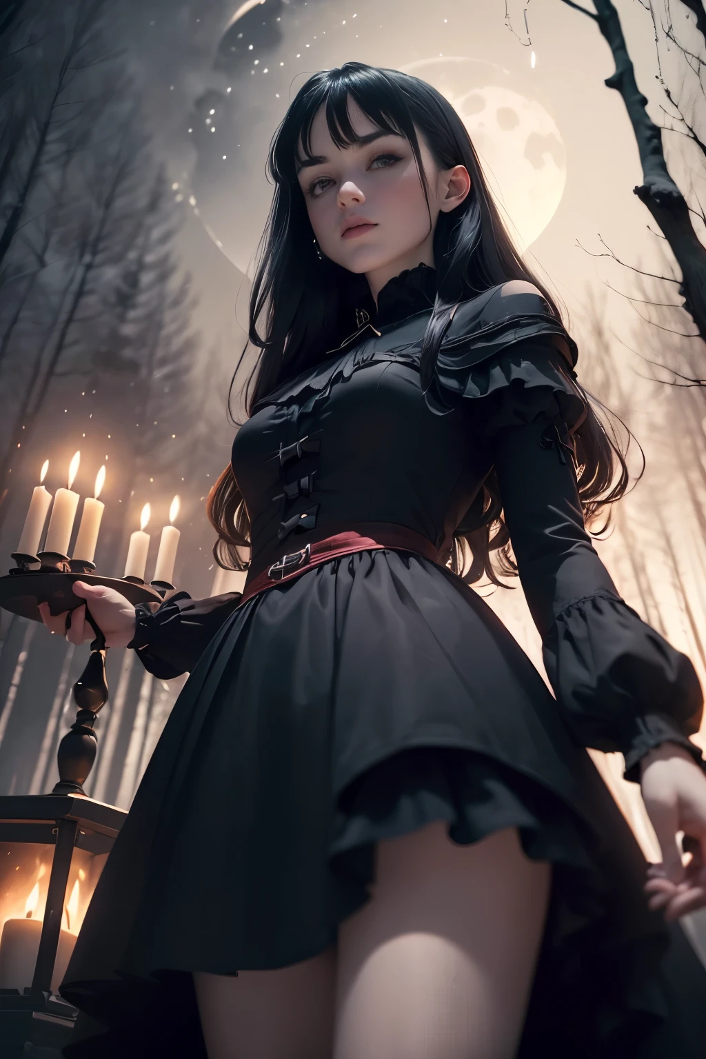 (best quality,ultra-detailed,realistic:1.37), dynamic angle from below, elegant, atmospheric, (night, in the woods, darkness), solo, (1girl, Swedish girl) , pale skin, black hair, black and scarlet dark red dress, officiating an occult ritual, candles, (crescent gibbous moon in the background), ((standing in front a bonfire)),