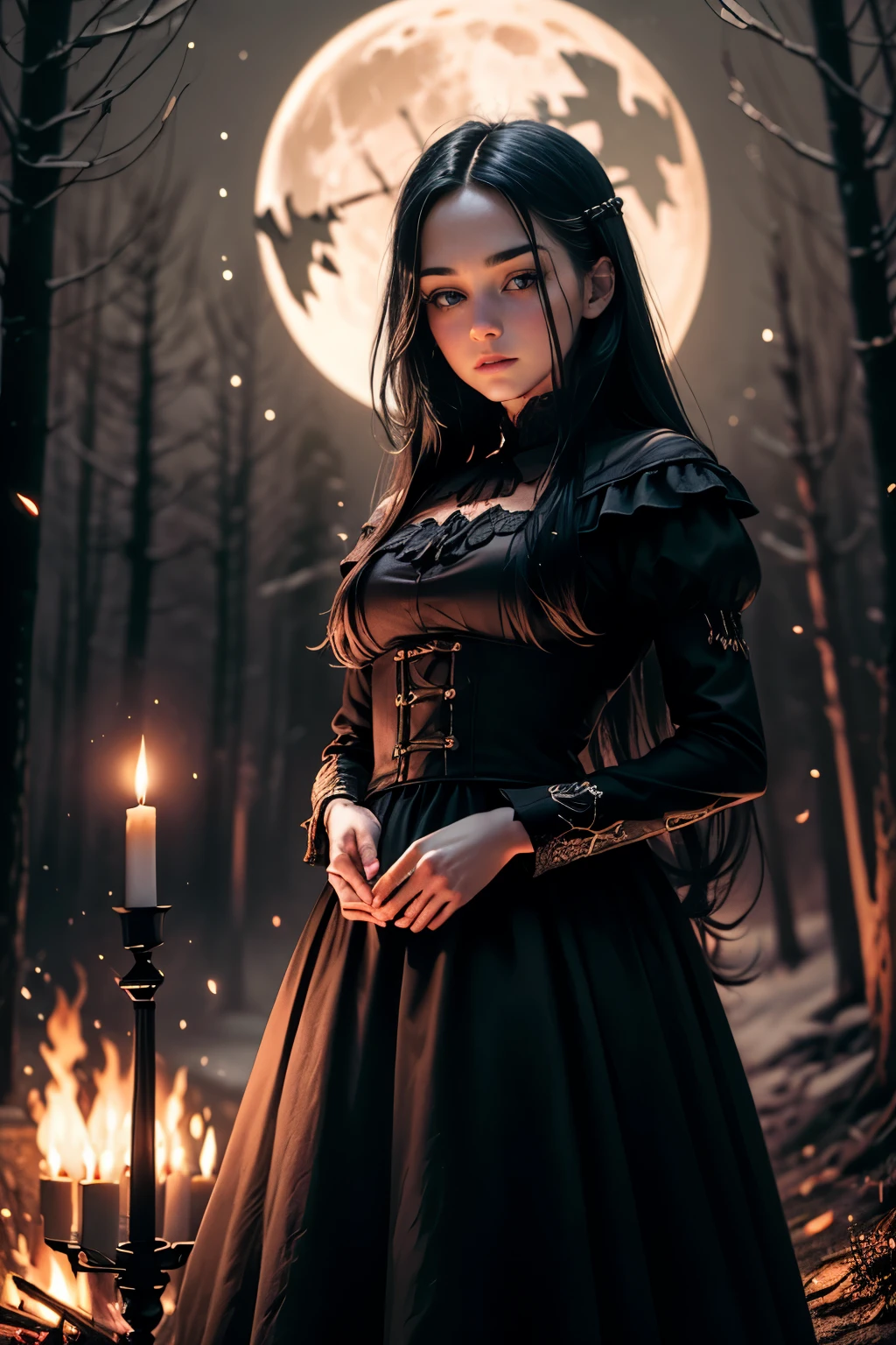 (best quality,ultra-detailed,realistic:1.37), (dynamic angle from below:0.6), elegant, atmospheric, (night, in the woods, darkness), solo, (1girl, Swedish girl) , pale skin, black hair, black and scarlet dark red dress, officiating an occult ritual, candles, (crescent gibbous moon in the background), ((standing facing a bonfire)), beautiful detailed face and eyes