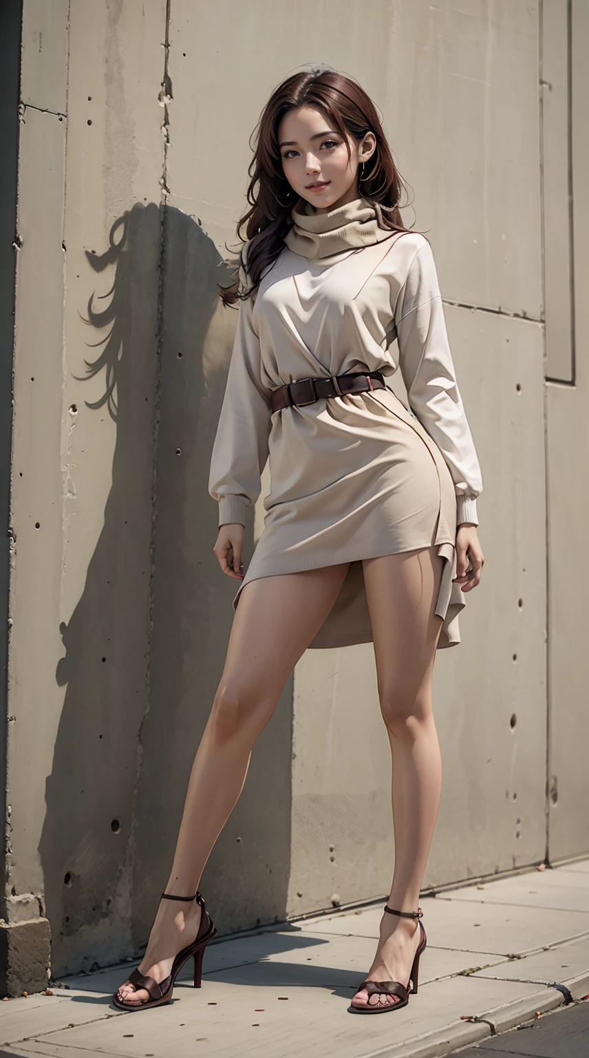 caucasian female、Hair color is reddish、Hair is wavy、Eye color is blue、Longhaire、A slender、a smile、Wearing a princess dress、I'm wearing pin heels、standing against an old concrete wall、Fashionably wearing a colorful scarf、a smile