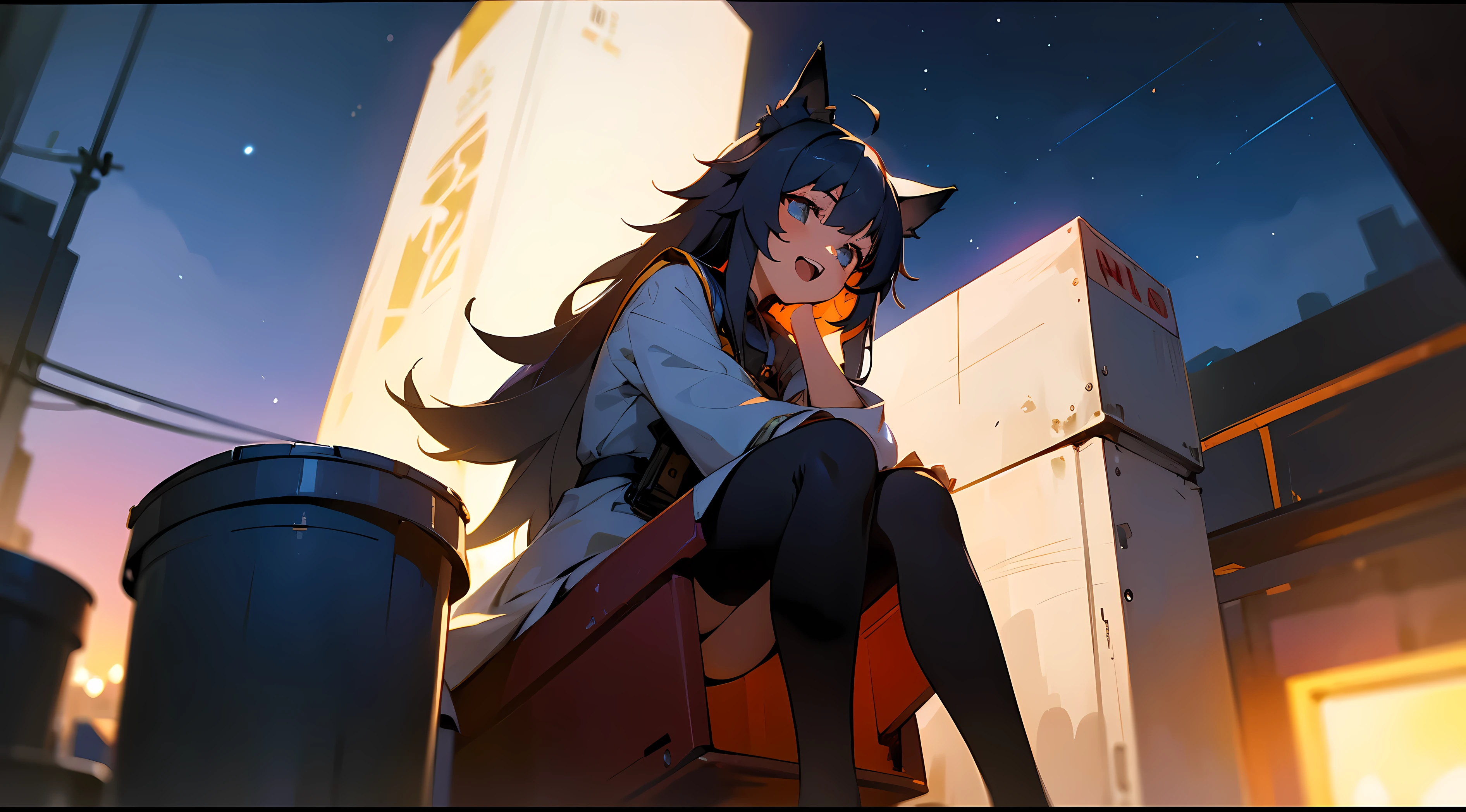 1 garota da frente, 1 girl sentado, sentado, personagem no centro da imagem, a girl sentado in a trash can, an alley behind her, Noite, Noite with starry sky, cabelos longos, boca aberta, orelhas de lobo, sorriso maligno, anime, Cinematic lighting, poor lighting, profundidade de campo, ray tracing, Backlighting, de baixo, UHD, master part, Super Detalhe, 4k