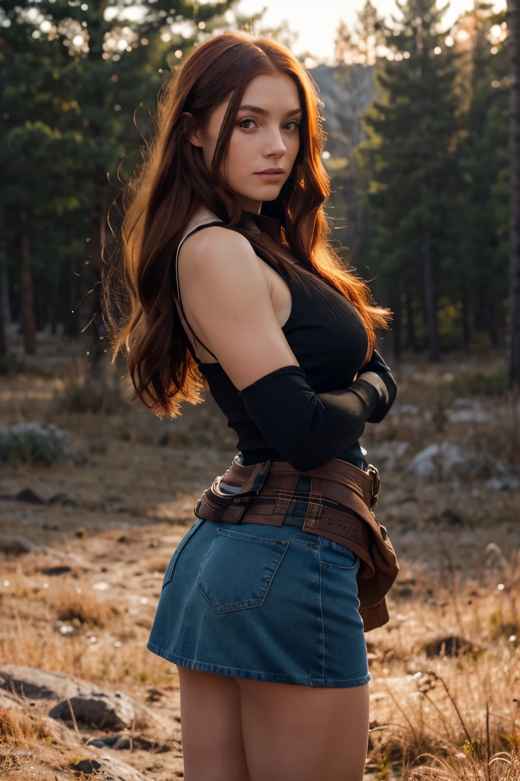 chrome metallic , full body portrait , extra long hair,. she also has bright haze eyes. snowy mountain with northern lights. ((Ultra Long Exposure Photography)) Hyper realistic ultra detailed photograph of a 35 year old woman with auburn hair. Facial symmetry. She exists in a post-apocalyptic version of the Old West. She wears a plaid skirt and leather bracers. Standing, badass posture. Beautiful backlit silhouette, high detailed, depth of field, bokeh lighting.uge eyelashes, short dress,legs wearing jeans,A beautiful European red hair woman in iankara, filled with smoke and distant fire. Her hazel eyes are big and heavy. Expression of awe and excitement. "A photorealistic portrait of a 35-year-old girl with long, flowing red hair and striking hazel eyest. She should have a natural, approachable expression and be illuminated by soft, golden-hour sunlight. The background should be a scenic outdoor setting, perhaps a  beach. Capture