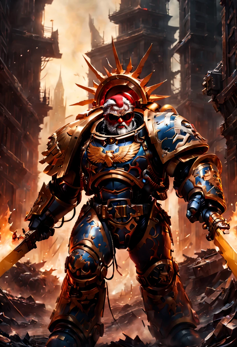 Warhammer 40K universe，Knight armor santa claus，Mechanical suit of red and gold armor，Santa hat，sparkly red color sunglasses，Intense war-like environment，holding a flaming sword，Destroyed buildings and flames，The background is a futuristic cityscape，severe and threatening atmosphere，Sci-fi cyberpunk aesthetics，High contrast and desaturated tones，Dramatic and dynamic lighting effec quality,4k,(highres,masterpiece:1.2),ultra-detailed,(realistic,photorealistic,photo-realistic:1.37)