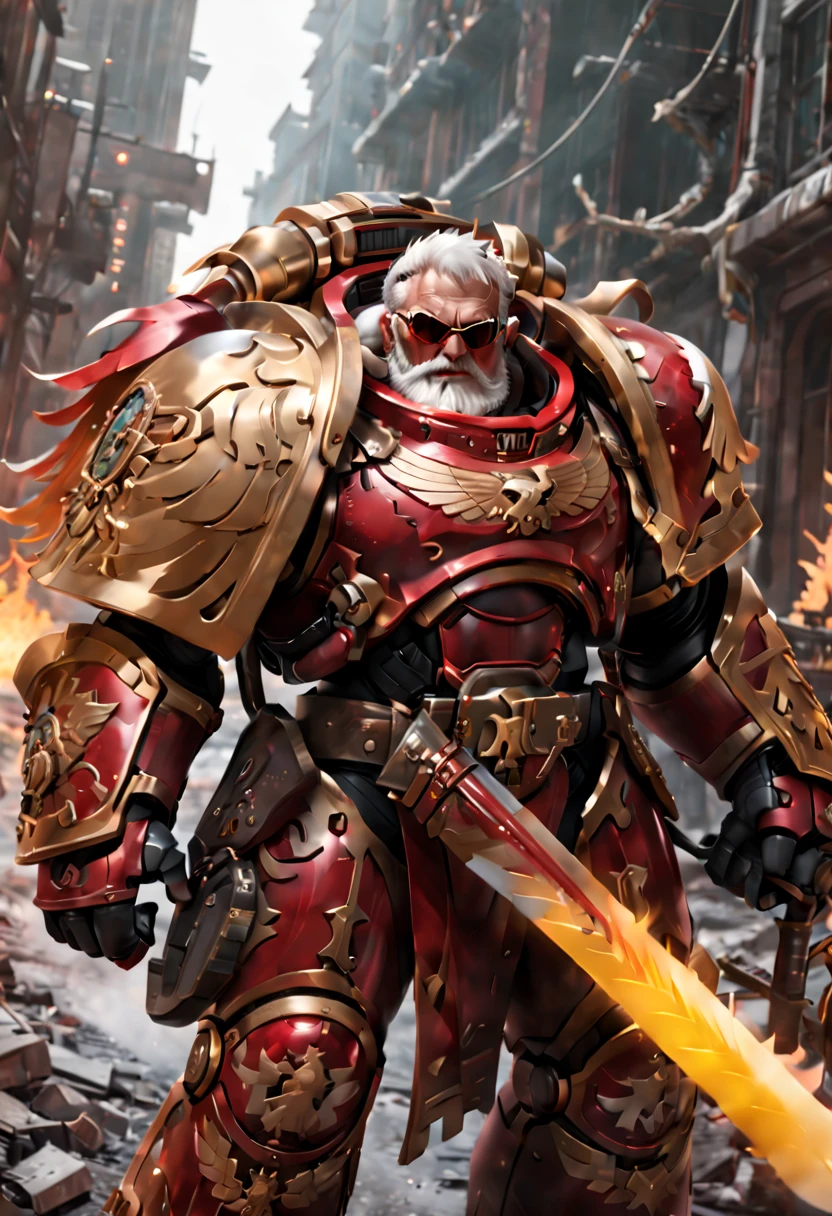 Warhammer 40K universe，Knight armor santa claus，Mechanical suit of red and gold armor，Santa hat，sparkly red color sunglasses，Intense war-like environment，holding a flaming sword，Destroyed buildings and flames，The background is a futuristic cityscape，severe and threatening atmosphere，Sci-fi cyberpunk aesthetics，High contrast and desaturated tones，Dramatic and dynamic lighting effec quality,4k,(highres,masterpiece:1.2),ultra-detailed,(realistic,photorealistic,photo-realistic:1.37)