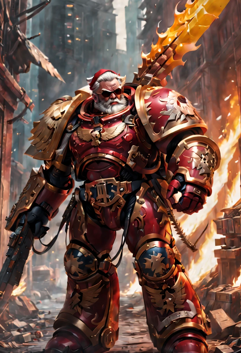 Warhammer 40K universe,Knight armor santa claus,Mechanical suit of red and gold armor,Santa hat,sparkly red color sunglasses,Intense war-like environment,holding a flaming sword,Destroyed buildings and flames,The background is a futuristic cityscape,severe and threatening atmosphere,Sci-fi cyberpunk aesthetics,High contrast and desaturated tones,Dramatic and dynamic lighting effec quality,4k,(highres,masterpiece:1.2),ultra-detailed,(realistic,photorealistic,photo-realistic:1.37)
