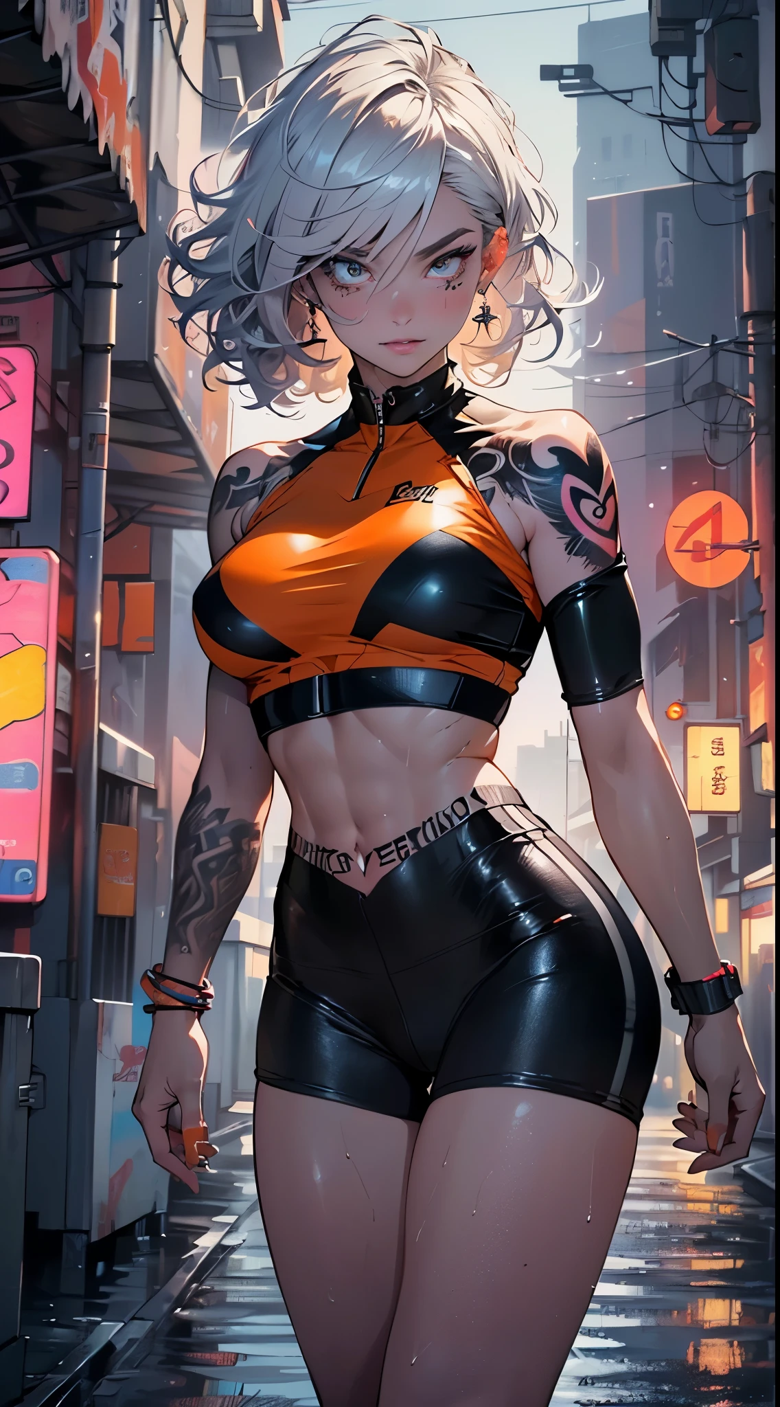 mechanical girl,(1girl: 1.3),((1 black girl with extremely cute and beautiful red hair)),((((black race)))),
(big breasts: 1.4),sagging breasts,(((short red hair: 1.35,cropped,redhead,very short hair))),(((neon_orange_eyes:1.3))),intricate eyes,beautiful detailed eyes,symmetrical eyes,(fat),((((tan,dark skin,black skin:1.35,dark-skinned_female,dark skin:1.3,ebony skin,lustrous skin:1.5,bright skin: 1.5,shiny skin,very shiny skin,shiny body,illuminated skin,wet legs)))),(spider lower abdomen,narrow waist,wide hip ,athletic body,inflated legs,delicate and detailed fingers,detailed body,(detailed face)),((muscle legs)),((muscular thighs)),((muscular girl)),((strong and muscular,bodybuilder,strong body,muscular,feminine and muscular)),((,ABS)),(huge stature,tall stature,very tall girl),
cute,slutty,sensual,seductive look,seductive,erotic,((nsfw)),
(fitted overalls: 1.3,suit unbuttoned),((mechanical tools on his clothing)),(((huge cleavage))),((wet clothes,intricate outfit,intricate clothes)),
(dynamic pose:1.0),embarrassed,(centered,scale to fit dimensions,Rule of thirds),
cyberpunk city by the ocean at night, with bright neon signs and dark stormy clouds and puddles, scenery:1.25,
artistic photography,(photography taken by sldr),highres, sharp focus, (ultra detailed, extremely detailed), (photorealistic artwork:1.37),(extremely detailed CG unity 8k wallpaper),((synthwave background theme)),(((vibrant colors))),(intricate background),(masterpiece),(best quality),