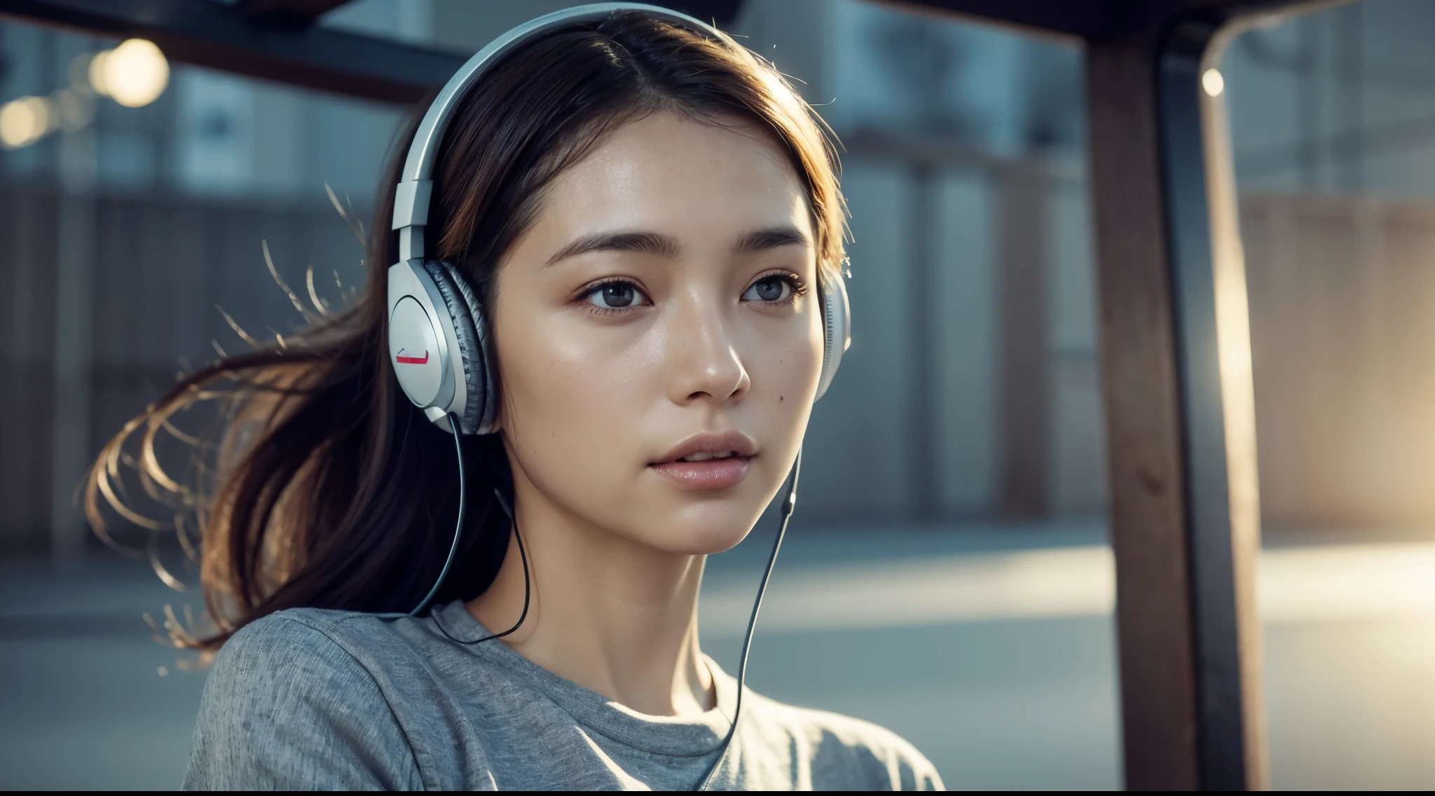 dressed, (photo realistic:1.4), (hyper realistic:1.4), (realistic:1.3), (smoother lighting:1.05), (increase cinematic lighting quality:0.9), 32K, 1girl,20yo girl, realistic lighting, backlighting, light on face, ray trace, (brightening light:1.2), (Increase quality:1.4), (best quality real texture skin:1.4), finely detailed eyes, finely detailed face, finely quality eyes, (tired and sleepy and satisfied:0.0), face closeup, t-shirts with headphones, (Increase body line mood:1.1), (Increase skin texture beauty:1.1)