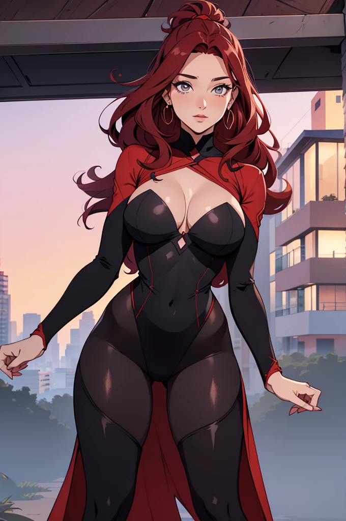 linda ruiva com maio vermelho, long black tights,com salto alto vermelho, olhar sexy,belos olhos, em pe olhando para frente,olhar serio pose sexy,cidade a noite com neom