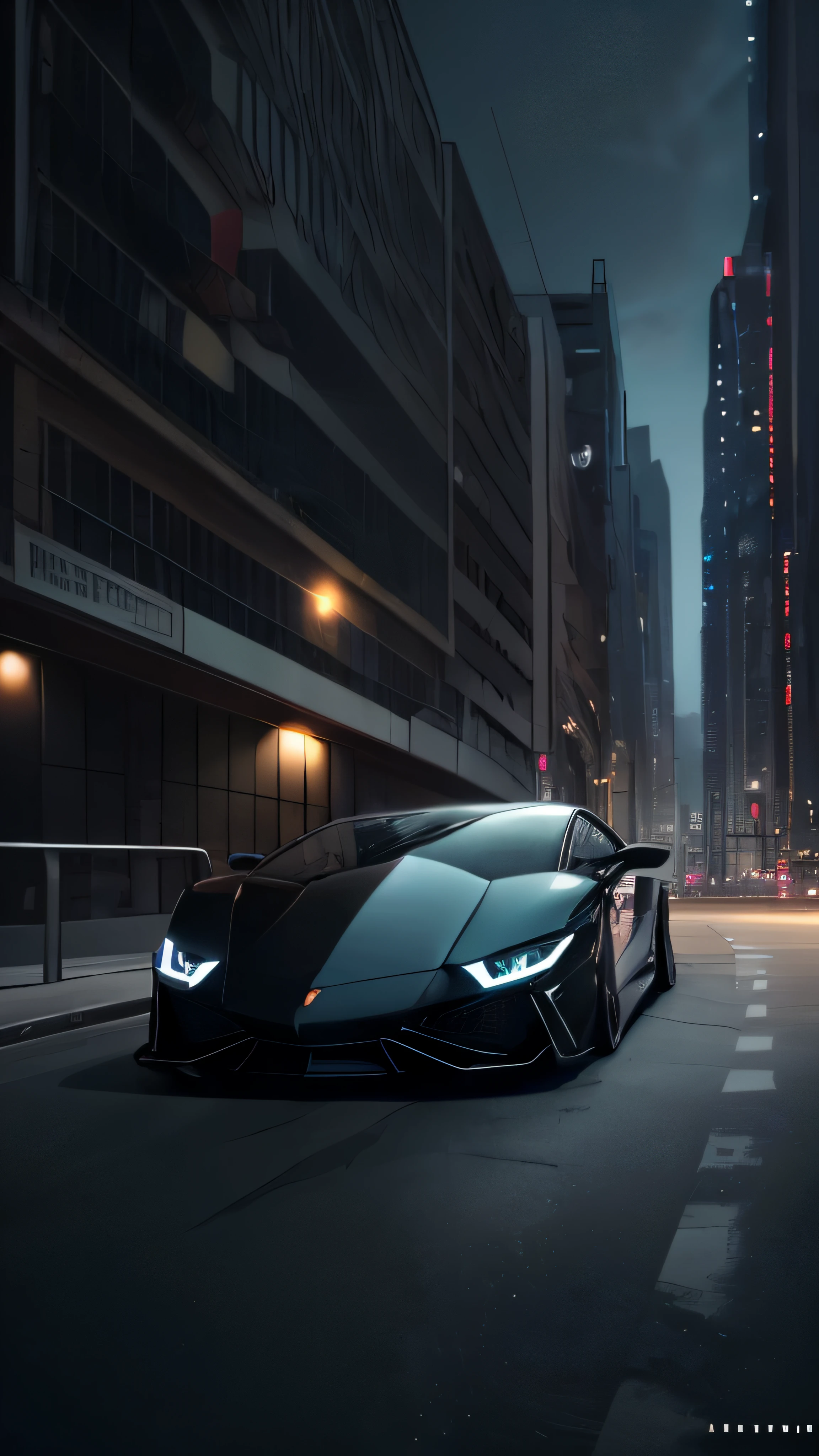 professional photo of black Lamborghini sports car , tuned, shiny metal, Night city in the background, ((wallpaper)), low angle, intricate, highly detailed, elegant, DSLR, canon, pinterest, artstation, smooth, sharp focus, unreal engine, blender, behance, art by artgerm and greg rutkowski and alphonse mucha, 8k,full shot