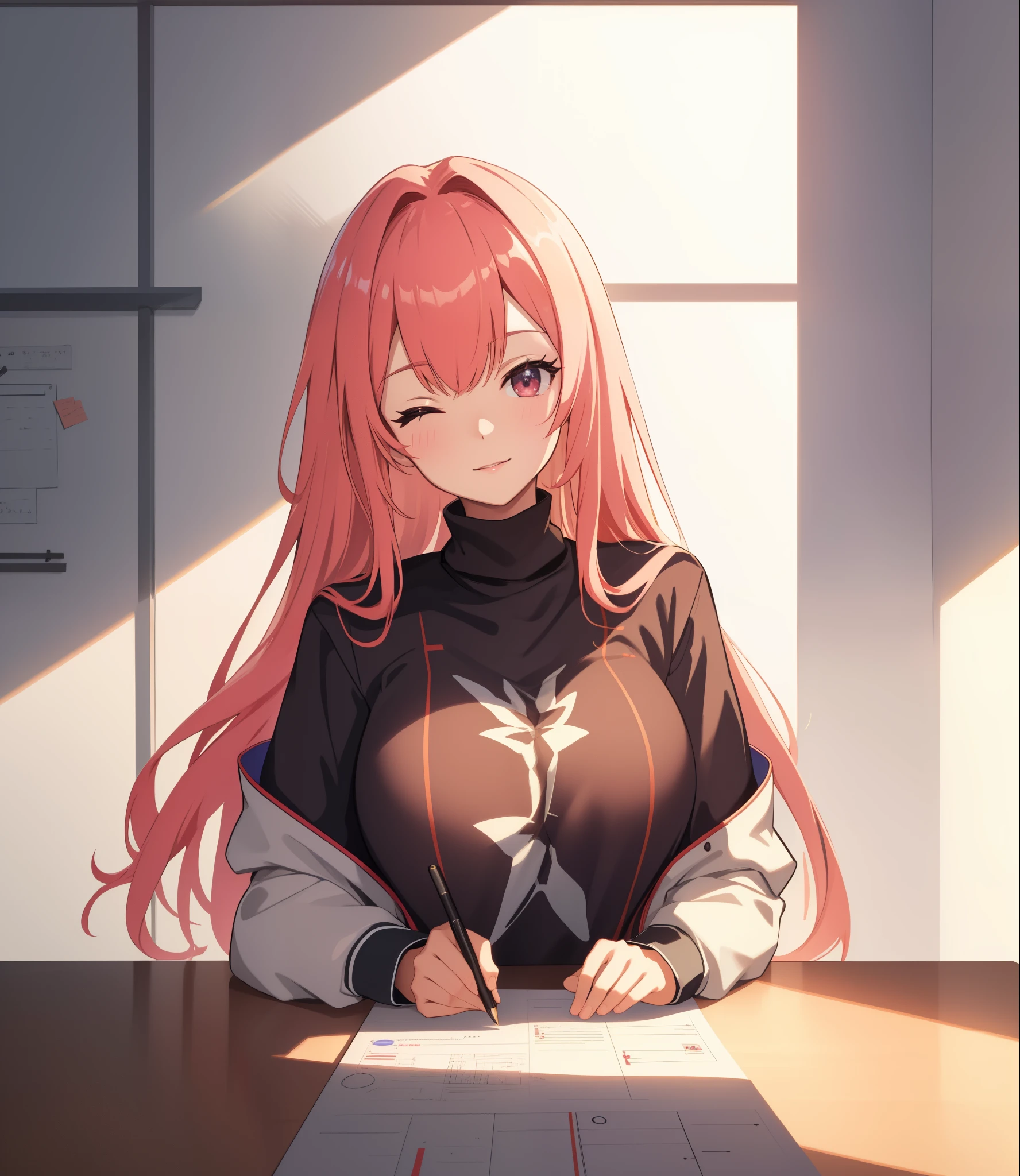 (extremely detailed CG unity 8k wallpaper), (((masterpiece))), (((best quality))), ((ultra-detailed)), (((illustration))), (best shadow), ((an extremely delicate and beautiful)), (detailed light), (well designed face), amazing face, (super detailed), cinematic shot, beautiful detailed eyes, detailed background, 1girl, first rate breasts, huge breasts, first rate female bodies, one eye closed, smile, peace sign, classroom, white board,